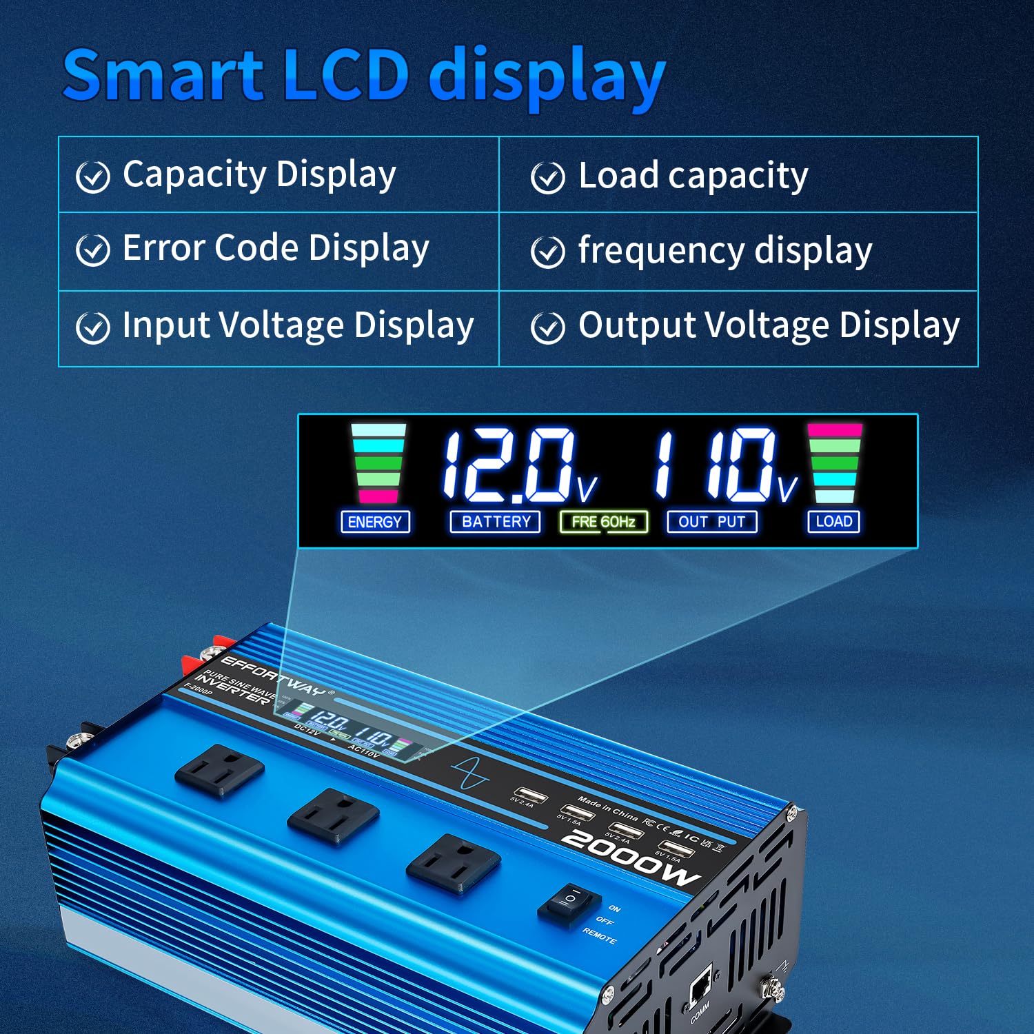 Effortway 2000W Pure Sine Wave Inverter 4000W (Peak) Dc 12V To Ac 110V/120V Converter With Lcd Display Wireless/Wired Remote Con