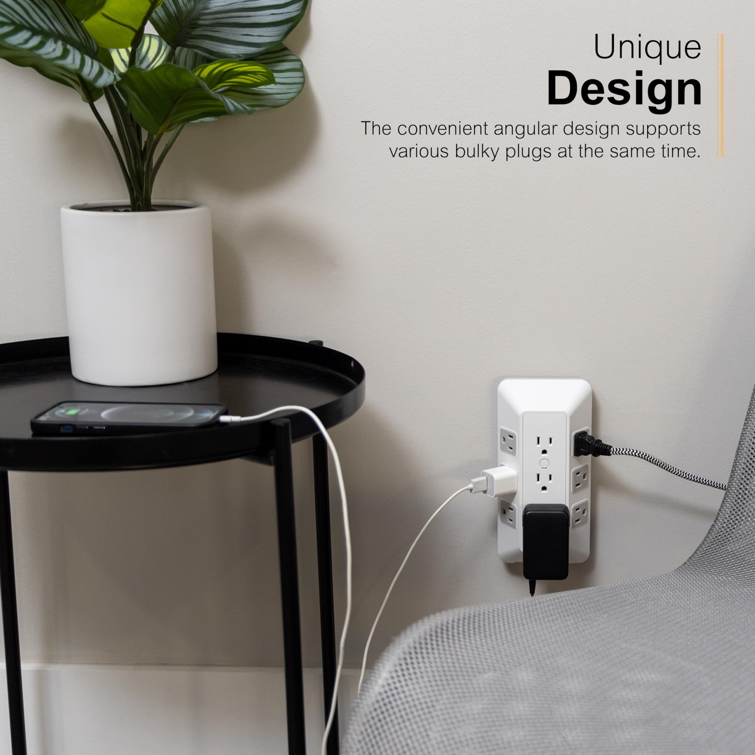 Ge 9 Outlet Surge Tap, Outlet Extender, Wall Tap, Adapter Spaced, For Home, School, And Office,1780J, White/Gray   73628