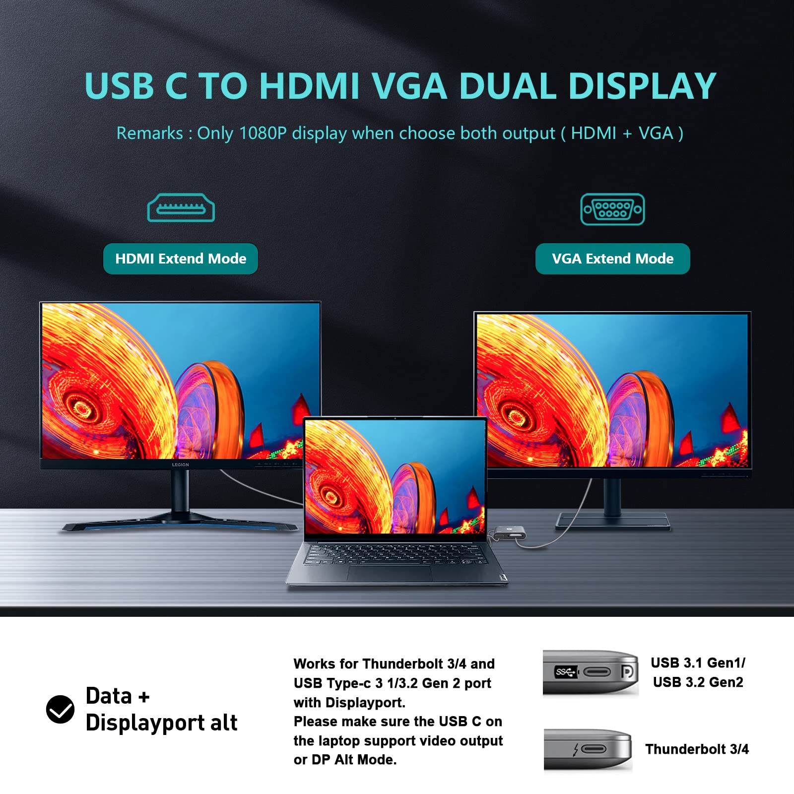 Vcom Usb C To Hdmi Vag Adapter, 5 In 1 Usb C Hub With 100W Power Delivery, 4K Hdmi, 1080P Vga, Usb 3.0 Port, Otg Adapter Compati