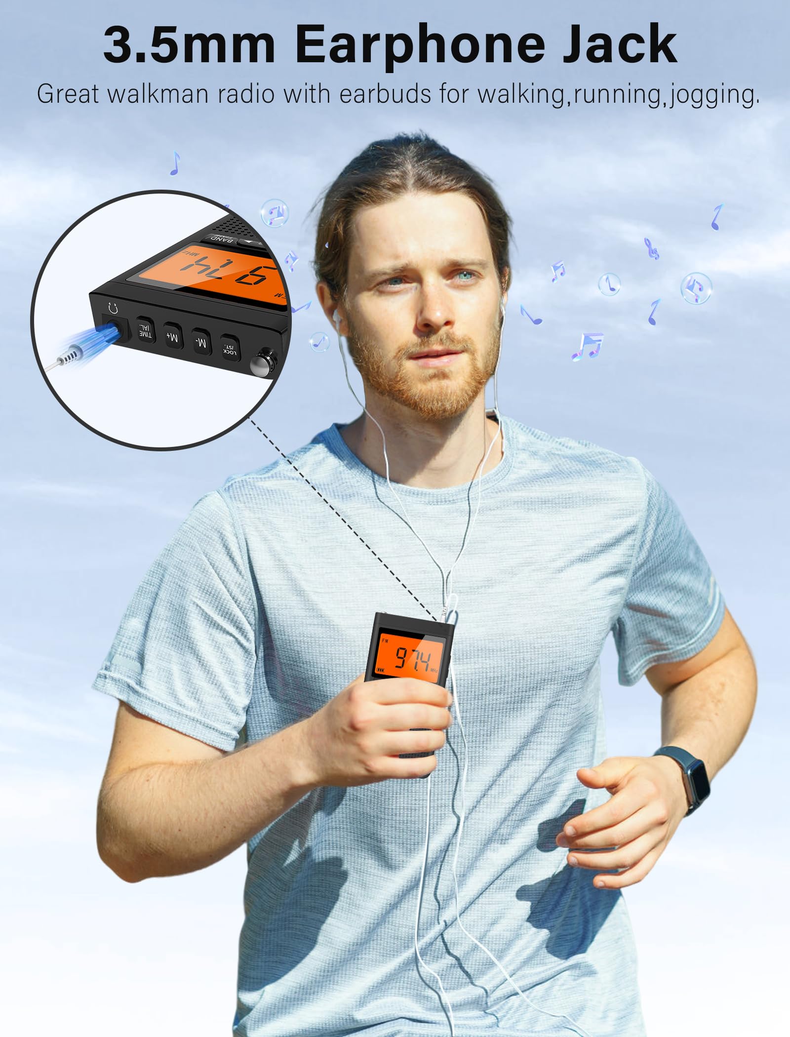 Am Fm Portable Radio Personal Radio With Excellent Reception Battery Operated By 2 Aaa Batteries With Stero Earphone, Large Lcd Screen, Digtail Alarm Clock Radio