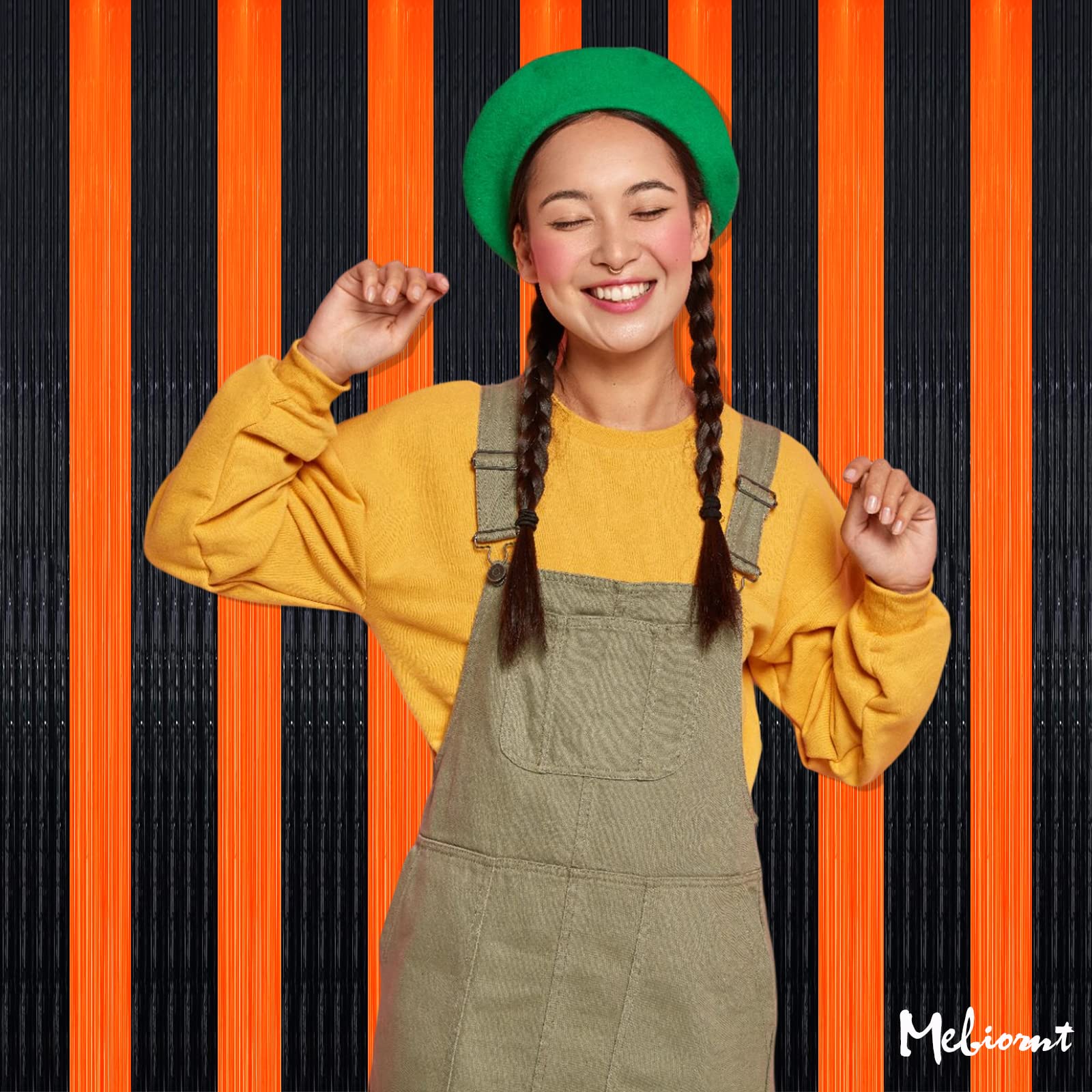 4 Pack Fringe Curtain Backdrop, 3.2Ft X 9.8Ft Black Orange Metallic Tinsel Foil Fringe Streamers Background For Photo Booth Birt