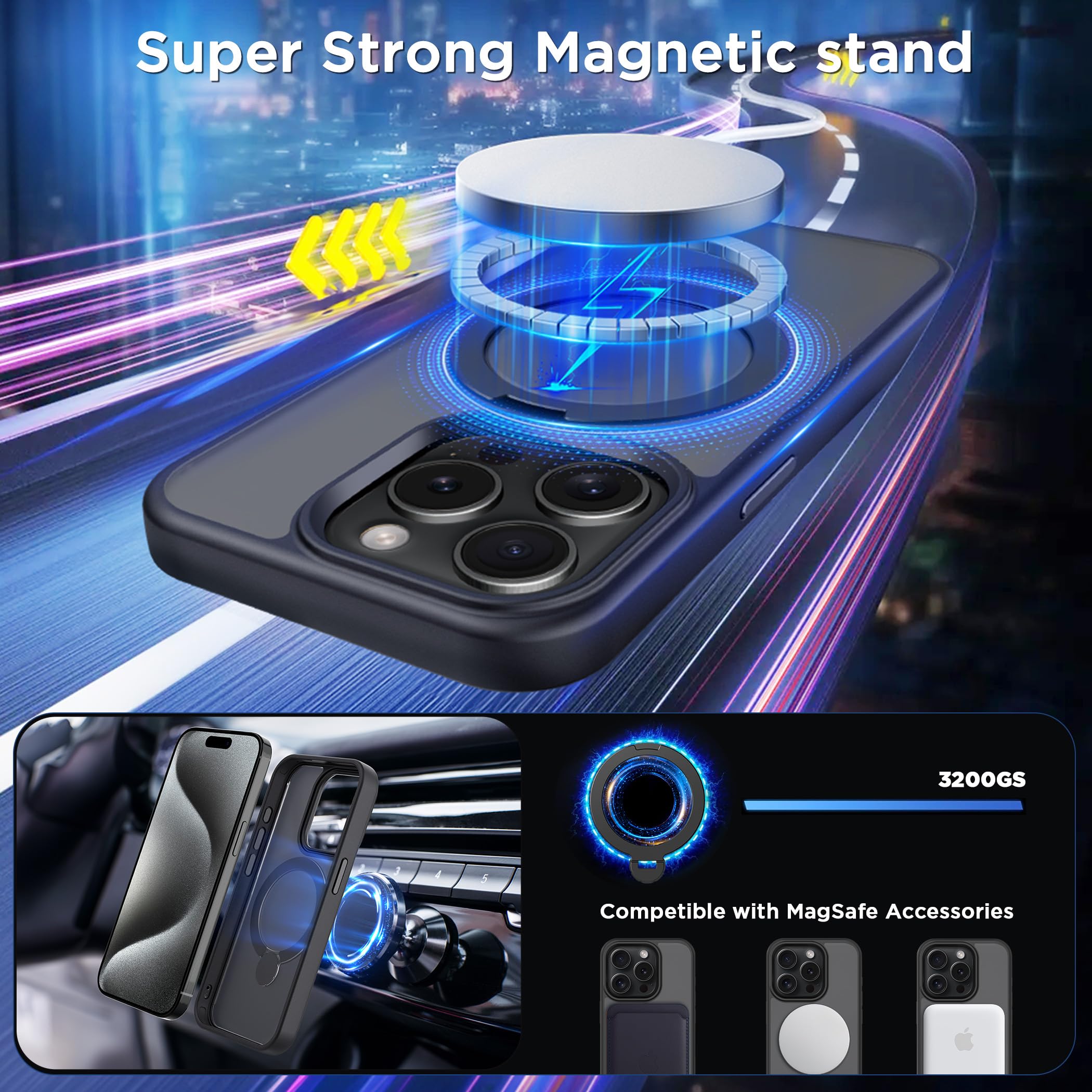 Cacoe Magnetic Case For Iphone 15 Pro 6.1 Inch With 360 Rotatable Ring Stand, Compatible With Magsafe Car Phone Mount, Cases Cov
