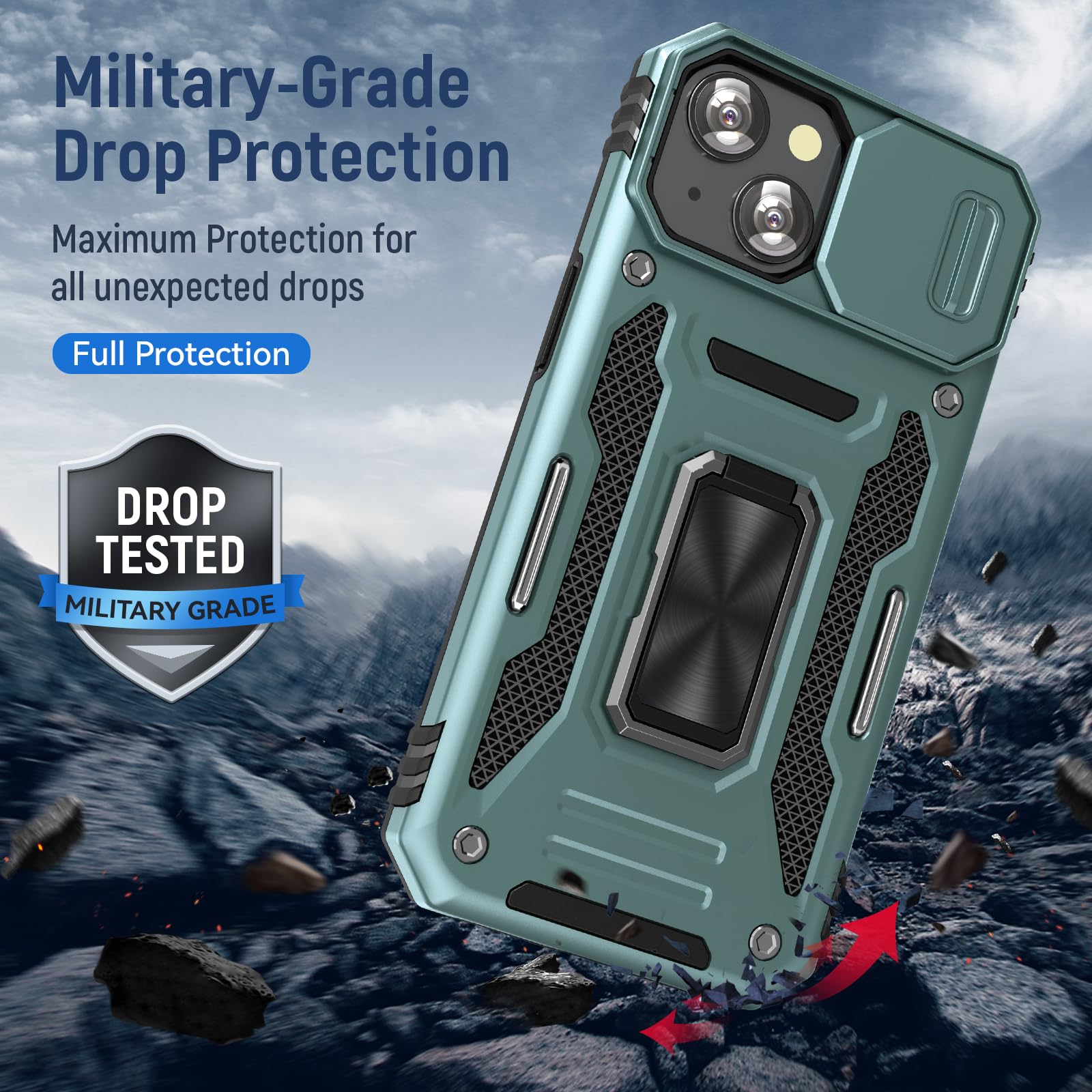 Sefing Phone Case For Iphone 15 Plus Case With Slide Camera Cover, With Finger Ring Holder Stand, Fit Magnetic Car Mount, For Ip