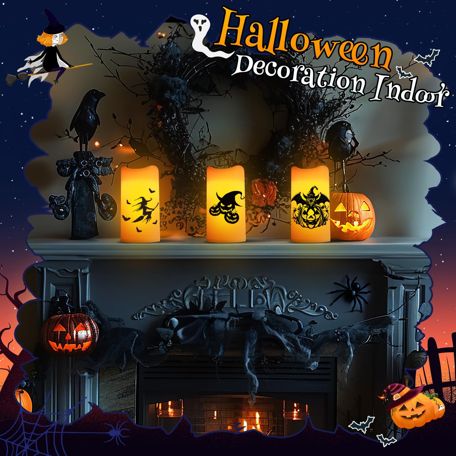 Halloween Decorations Indoor Flameless Candles Battery Operated Not Included Flickering Lights With Skull Spider Webs Crow Pumpk