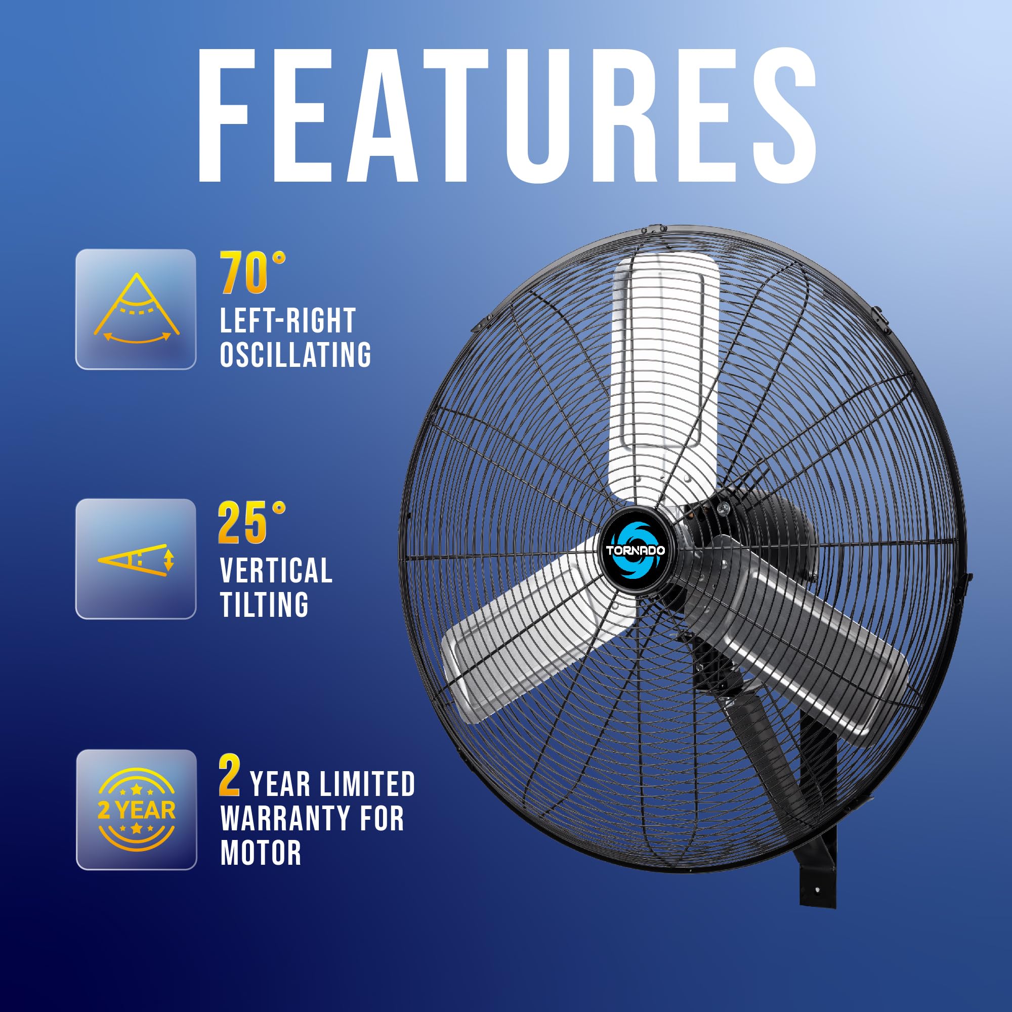 Tornado 24 Inch Pro Series High Velocity Oscillating Wall Mount Fan For Commercial, Industrial Use 3 Speed 7600 Cfm 6.6 Ft Cord