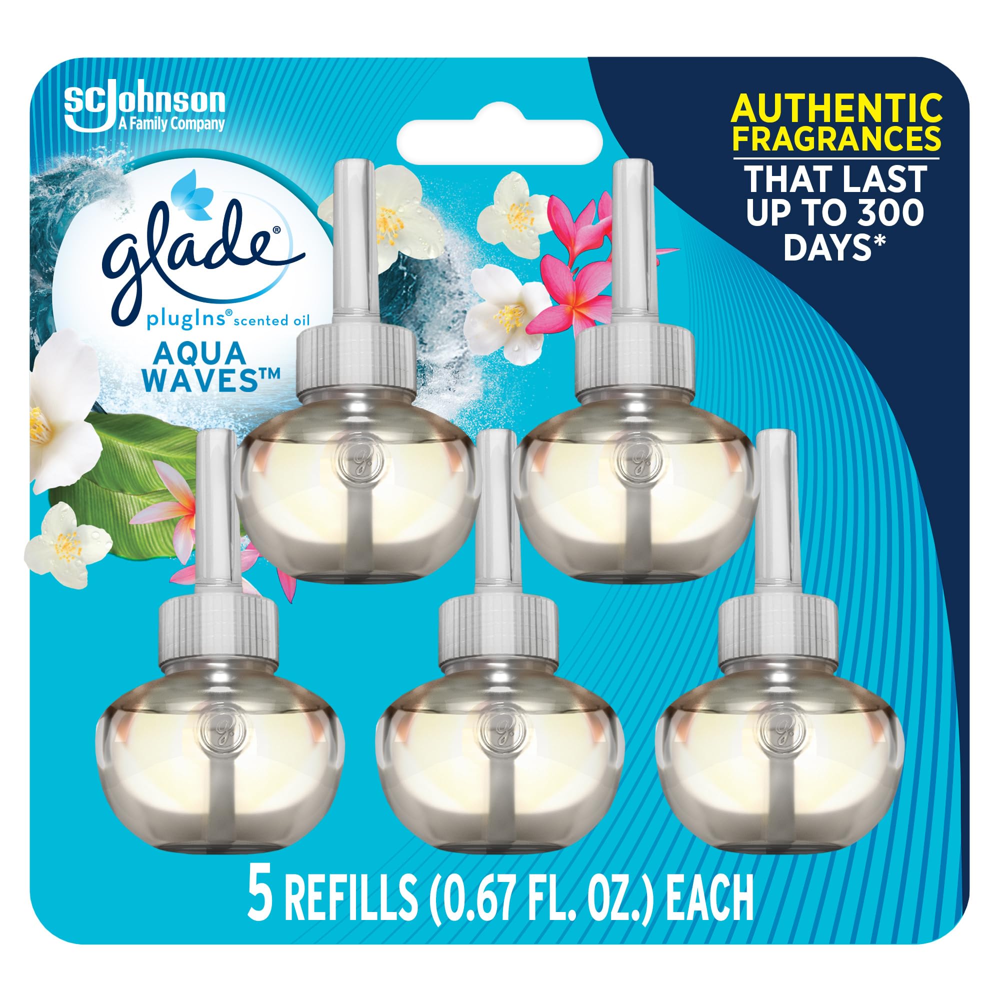 Glade Plugins Refills Air Freshener, Scented And Essential Oils For Home And Bathroom, Aqua Waves, 3.35 Fl Oz, 5 Count