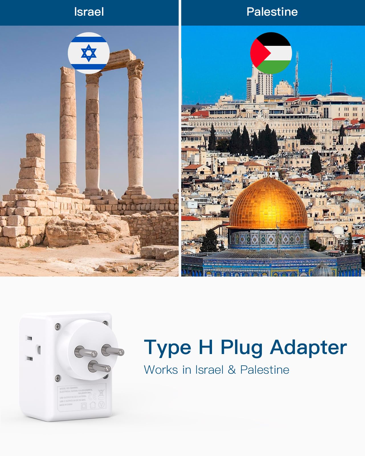 2 Pack Israel Power Adapter, One Beat Israel Travel Plug Adapter With 3 American Outlets 3 Usb Ports(1 Usb C), 6 In 1 Type H Tra