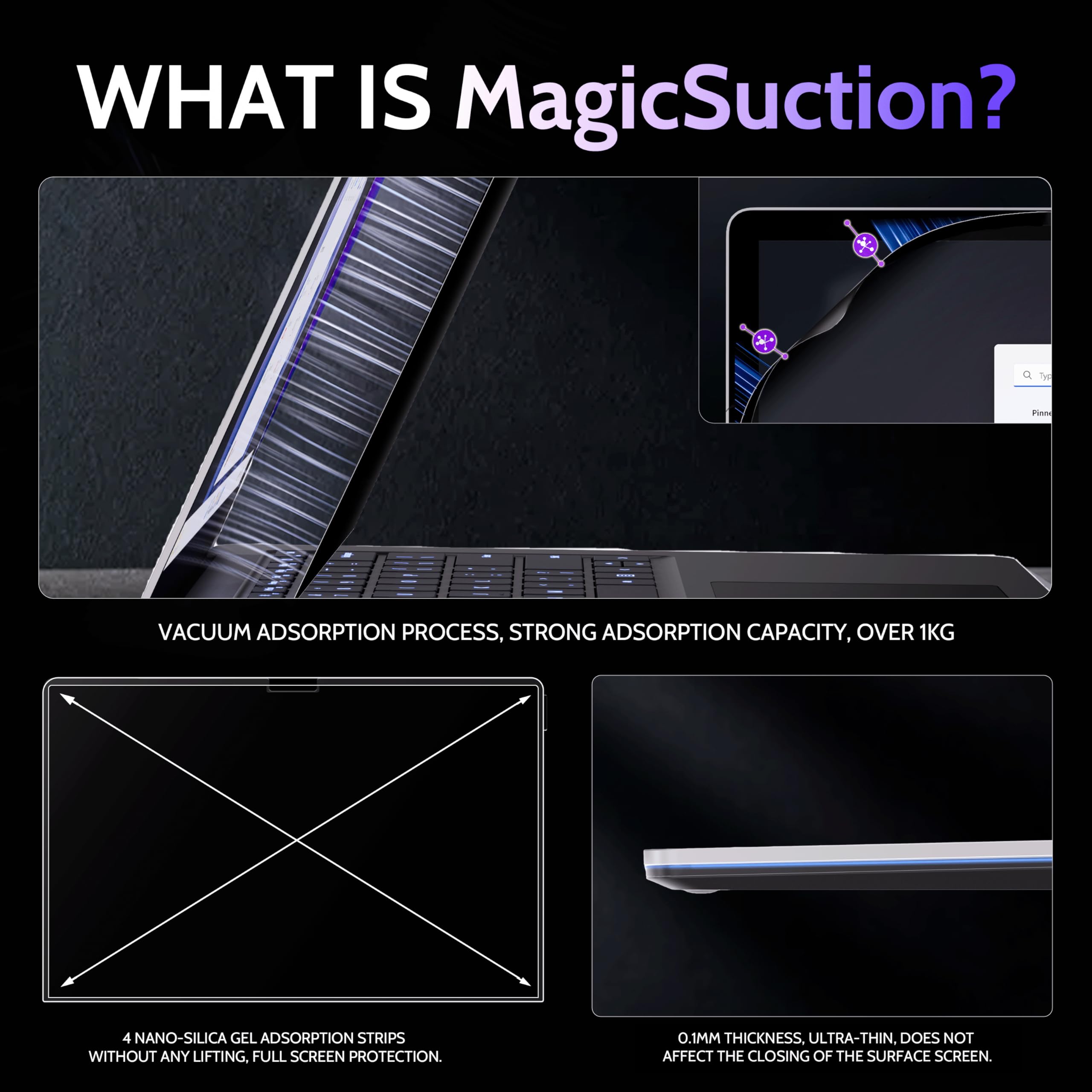 Peslv Privacy Screen For 15 Inch Surface Laptop 6/5/4/3/2/1, Magicsuction Removable Anti Spy Black Protector, Glare Blue Light F