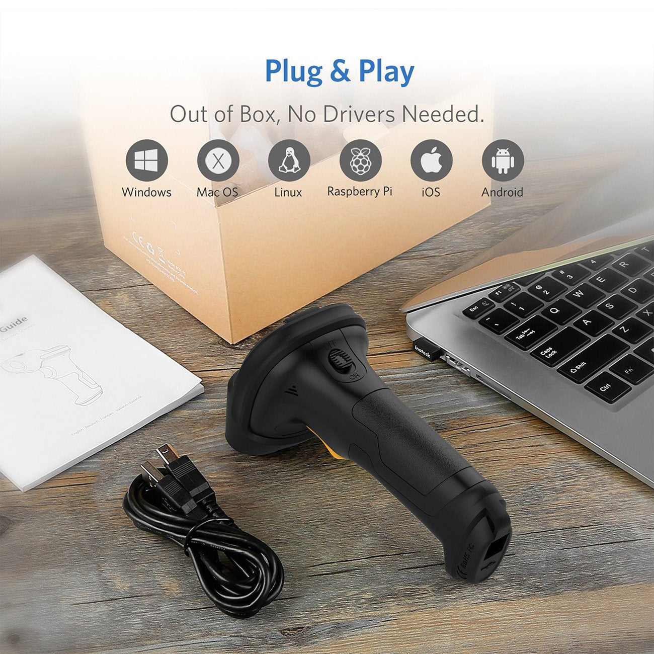 Inateck Barcode Scanner, Wireless Scanner, 1 Charge 180 Days Standby, 35M Range, Automatic Scanning, Bcst 60 Black