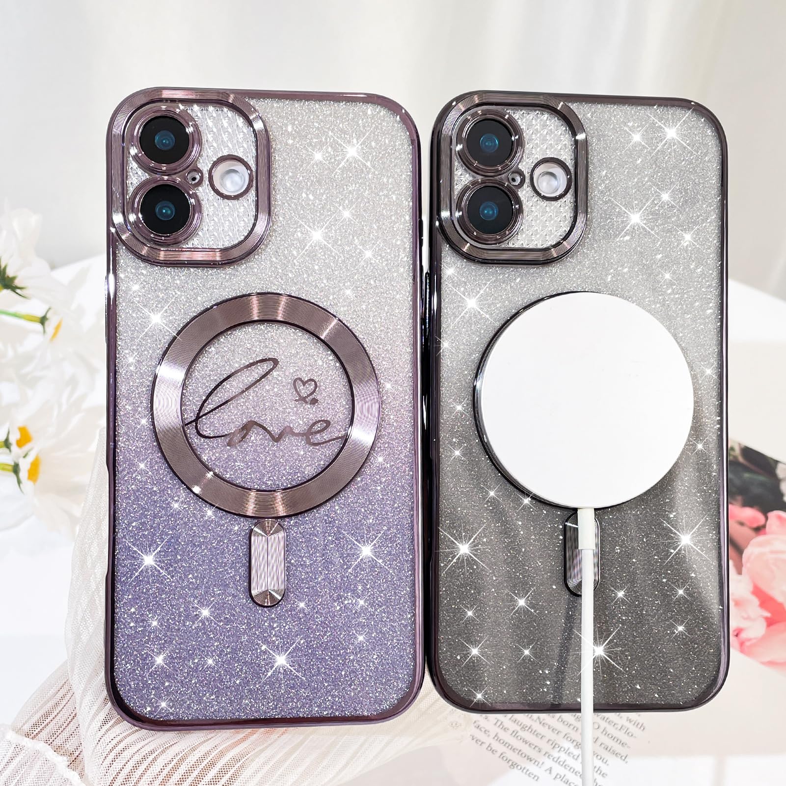 Fiyart Designed For Iphone 16 Plus Case,Compatible With Magsafe Love Hearts Plating Camera Protection Clear Phone Case, Magnetic