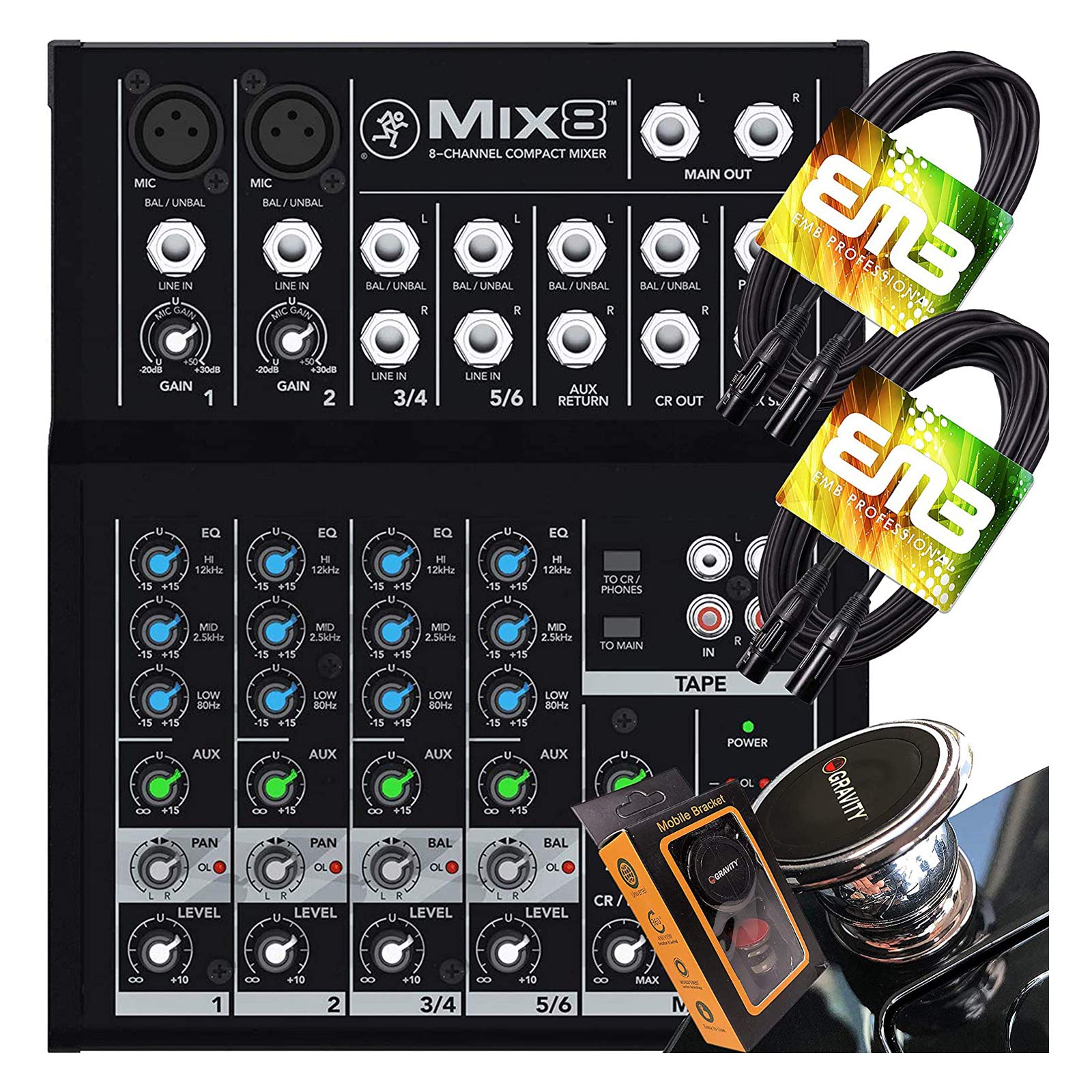 Mackie Mix8 8 Channel Compact Mixer With Pair Of Emb Xlr Cable And Gravity Magnet Phone Holder Bundle (2)