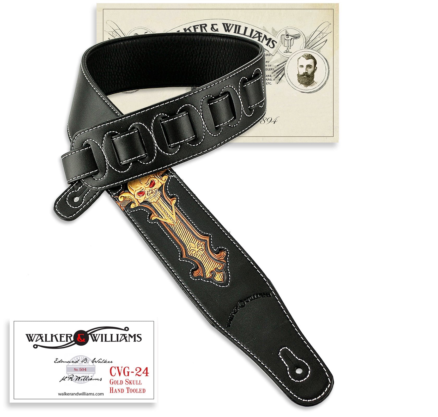 Walker & Williams CVG-24 Handmade Black And Gold Padded Guitar Strap With Hand Tooled Christian Cross And Skull Design For Acous