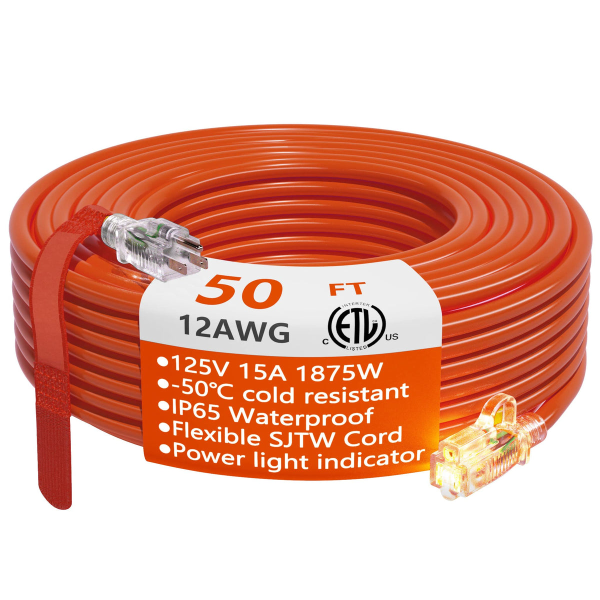 250 Ft Outdoor Extension Cord Waterproof 12/3 Gauge Heavy Duty With Lighted End, Flexible Cold Resistant 3 Prong Electric Cord O