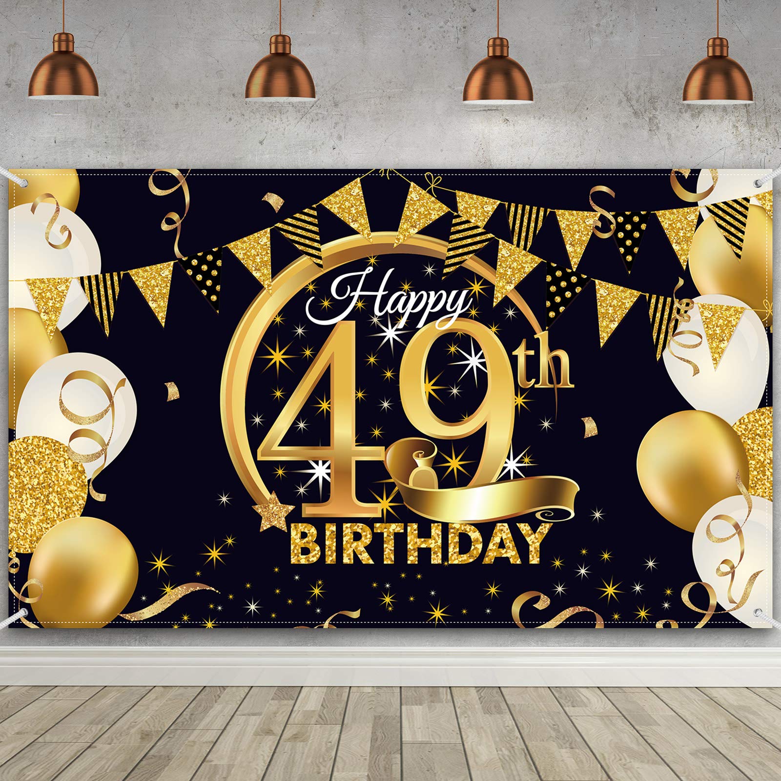 49Th Birthday Party Decoration, Extra Large Fabric Black Gold Sign Poster For 49Th Anniversary Photo Booth Backdrop Background B