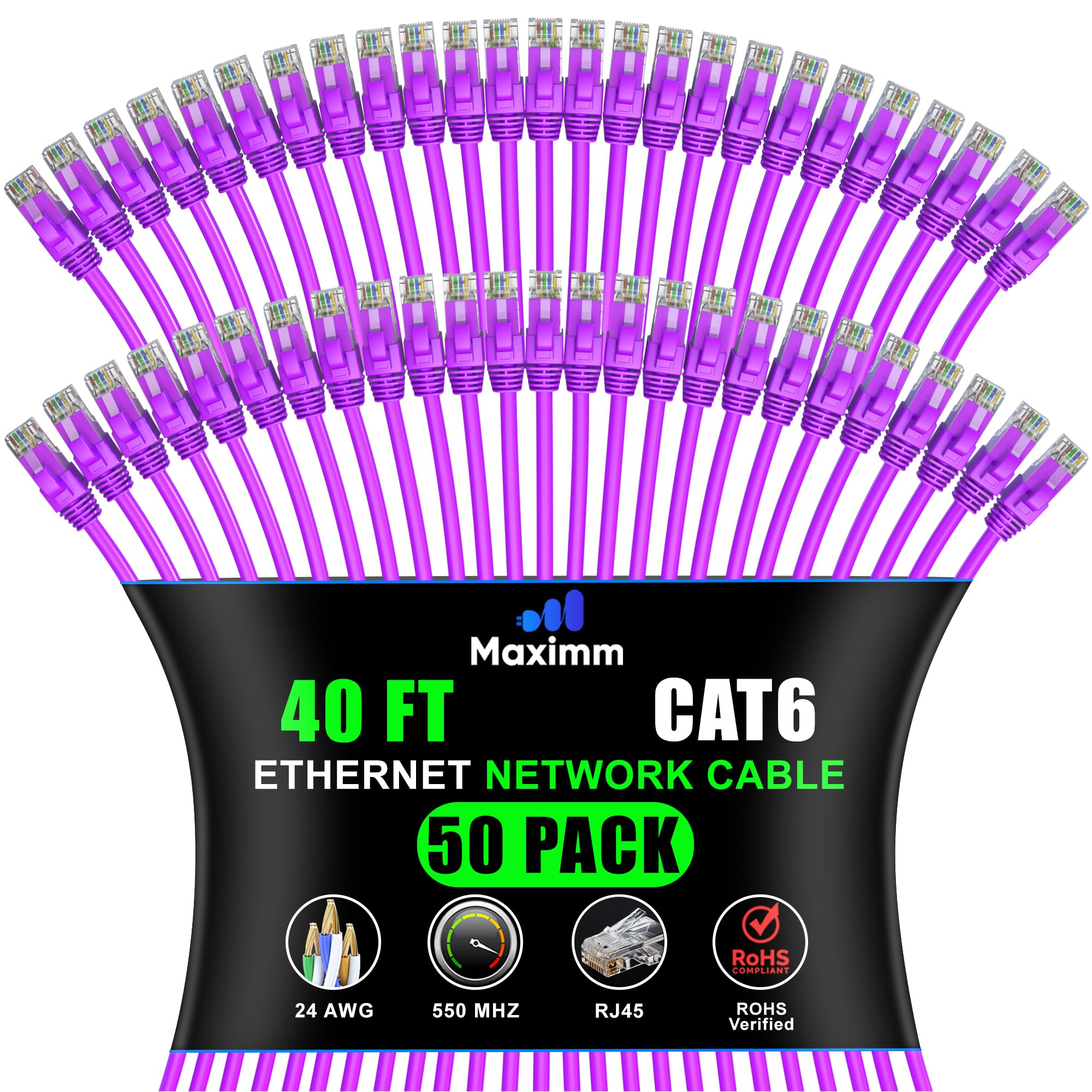 Maximm Cat 6 Ethernet Cable 40 ft (50-Pack) - High-Speed LAN Cable, Internet Cable, Patch Cable, and Network Cable - UTP, 10Gbps