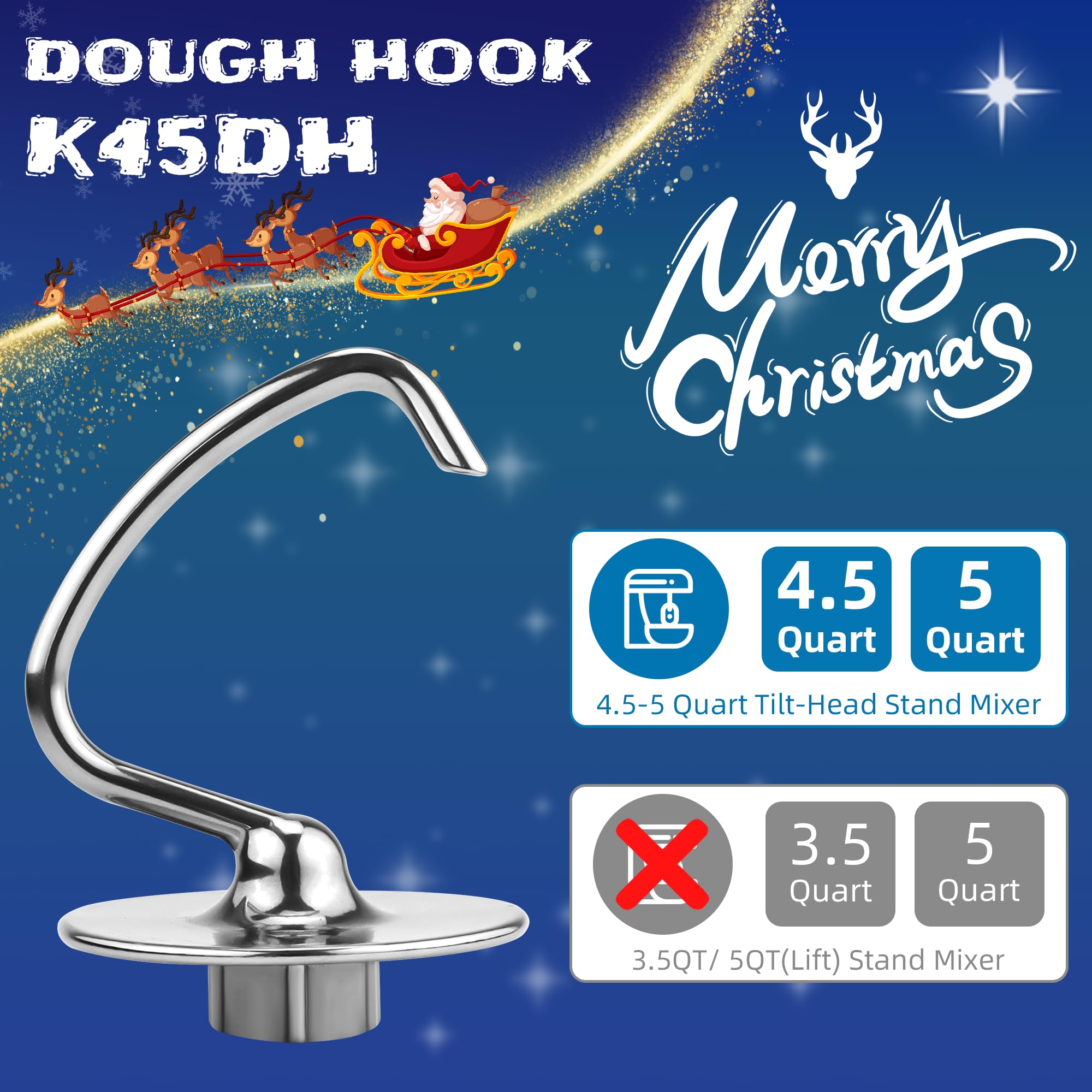 Stainless Steel Dough Hook For 4.5/5.0 Qt Kitchen Mixer Attachment K45Dh Dough Hook Replacement For K45 K45Ss Ksm90 Ksm150 Mixer