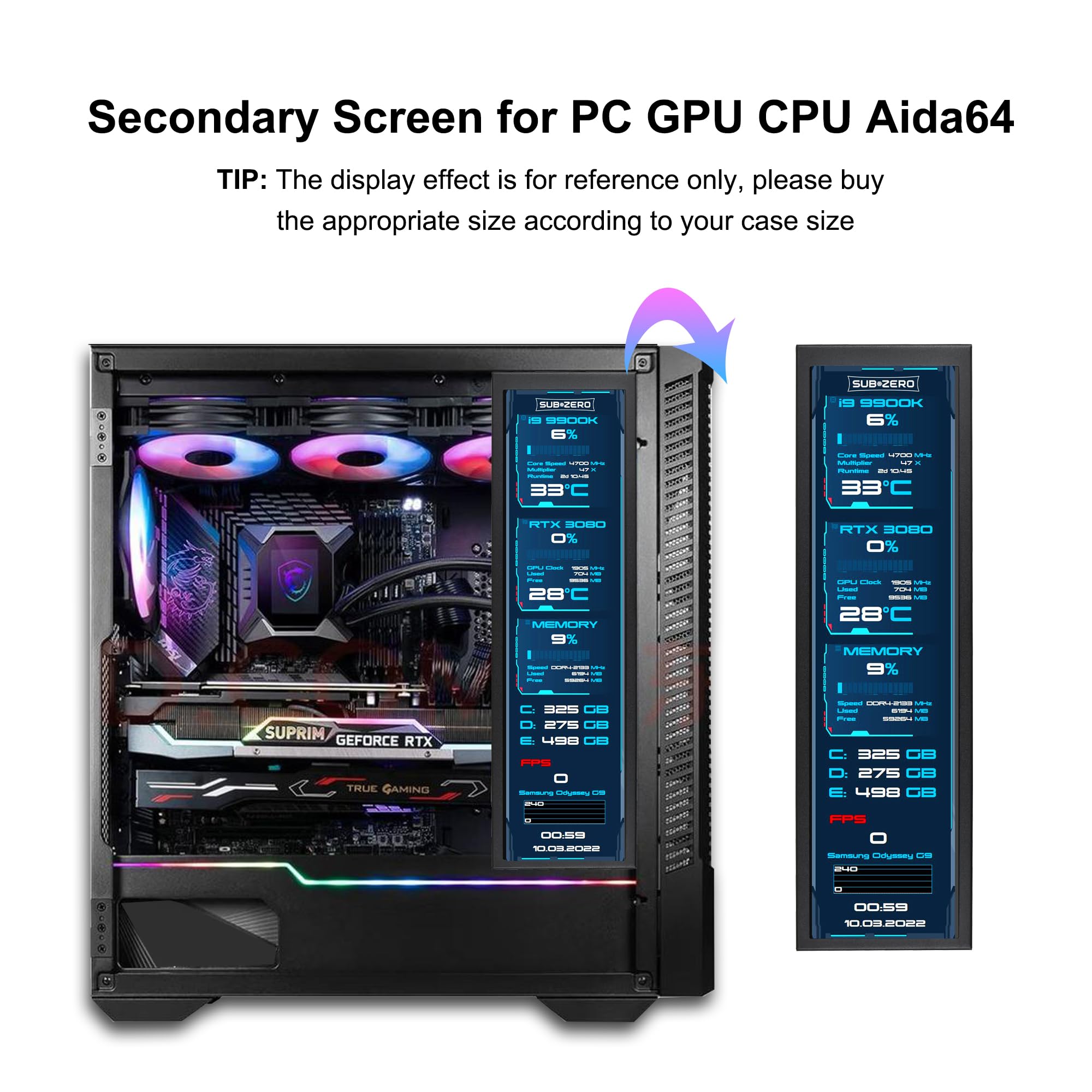 Wisecoco 8.8 Inch Computer Secondary Screen Cpu Temperature Monitor With Casing Fhd Ips 1920X480 Lcd Display For Computer Case T