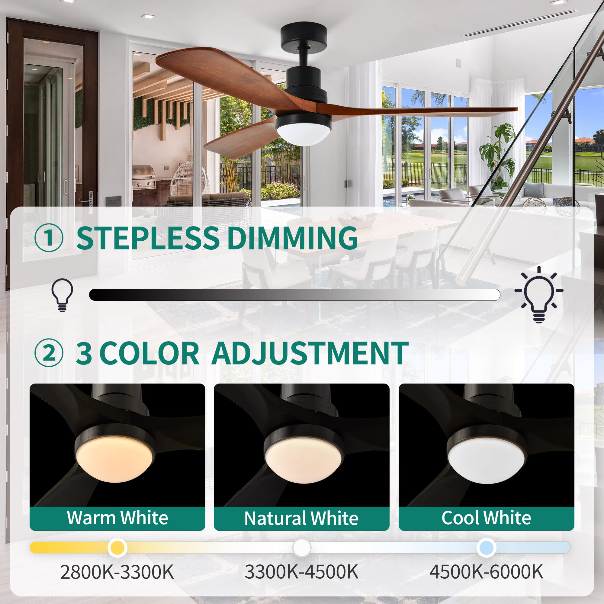 Yitahome 52'' Ceiling Fan With Lights And Wall Switch Remote, Industrial Wood Fan With Quiet Reversible 6 Speeds Motor, Dimmable