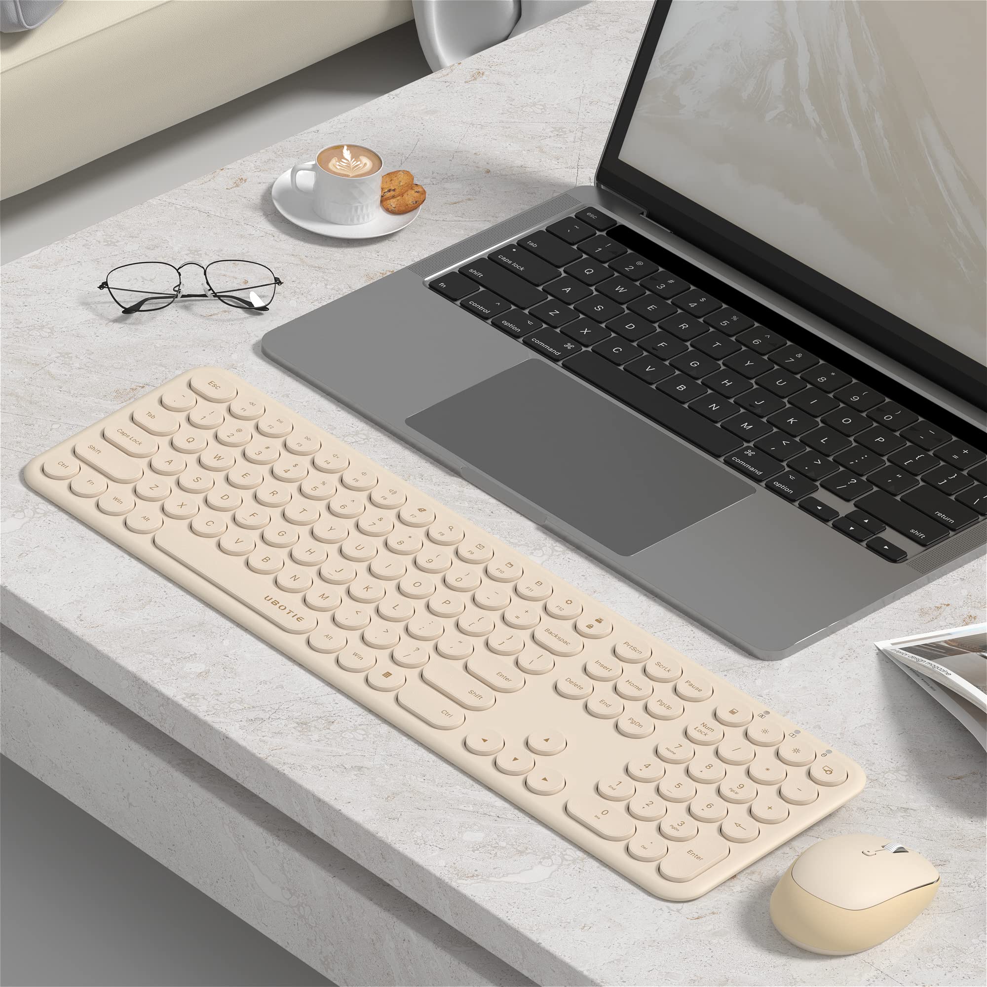 Ubotie Wireless Keyboards And Mouse, Quiet Scissor Switches Slim Keyboards Mice Set, Silent Full Size 111 Round Keycaps With Adj