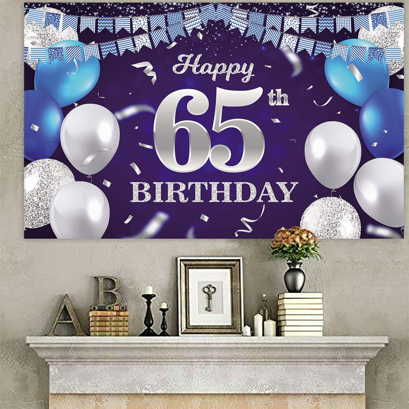 Happy 65Th Birthday Banner Backdrop Navy Blue Balloons Confetti Stripe Flag Light Spots Cheers To 65 Years Old Theme Decorations