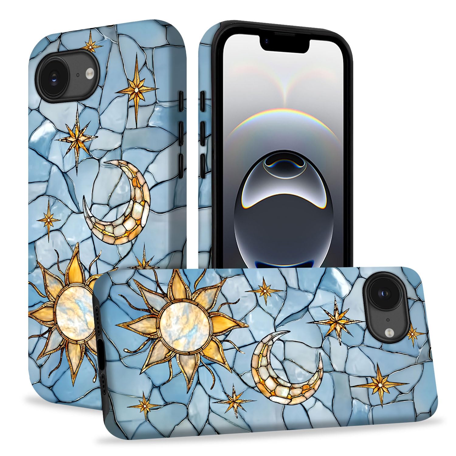 Bapzix Compatible with iPhone 16E Case,Sun Moon Stars Stained Glass Classic Hybrid Phone Cover
