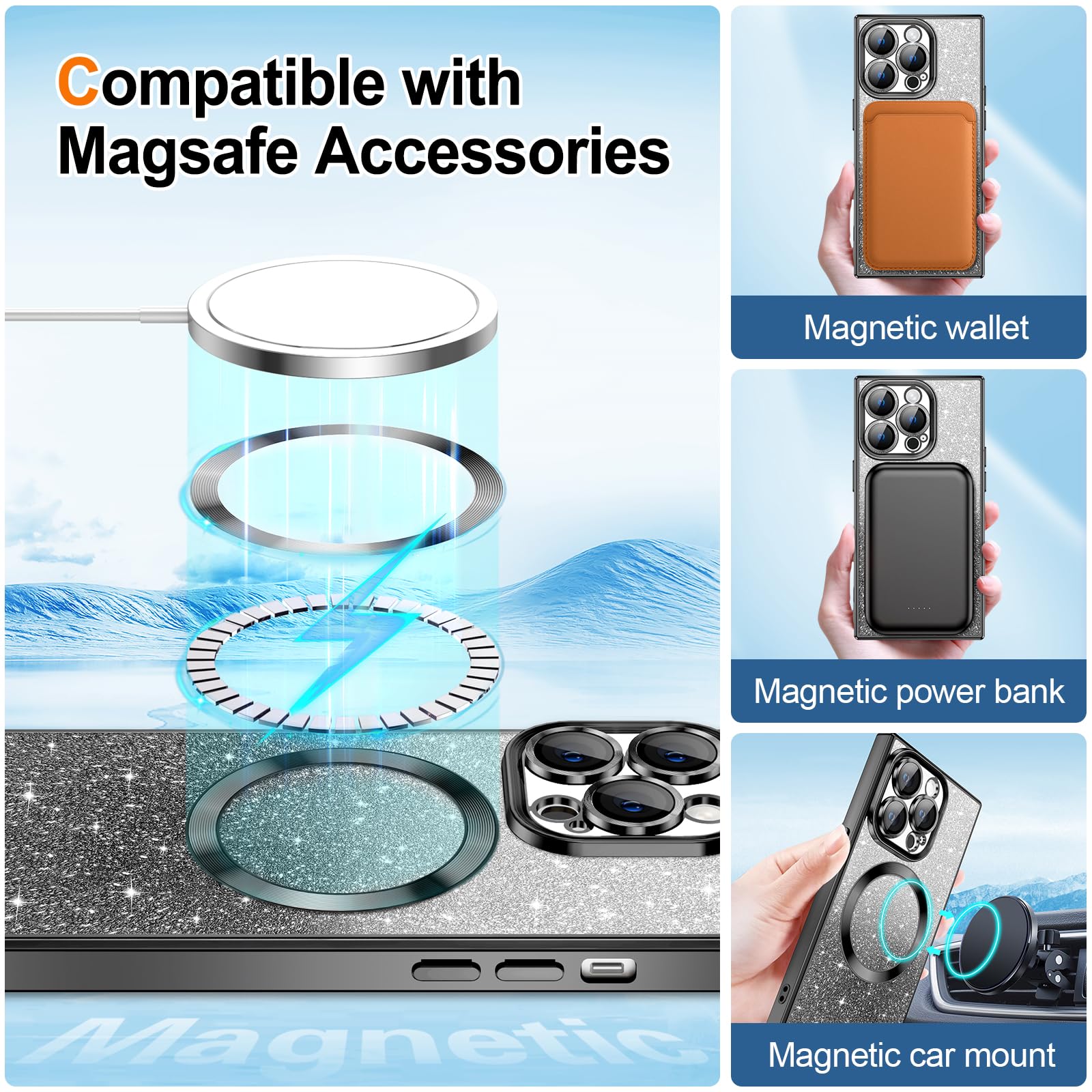 Hython For Iphone 12 Pro Max Case Clear Magnetic Glitter Phone Cases [Compatible With Magsafe] Full Camera Lens Protector Gradie