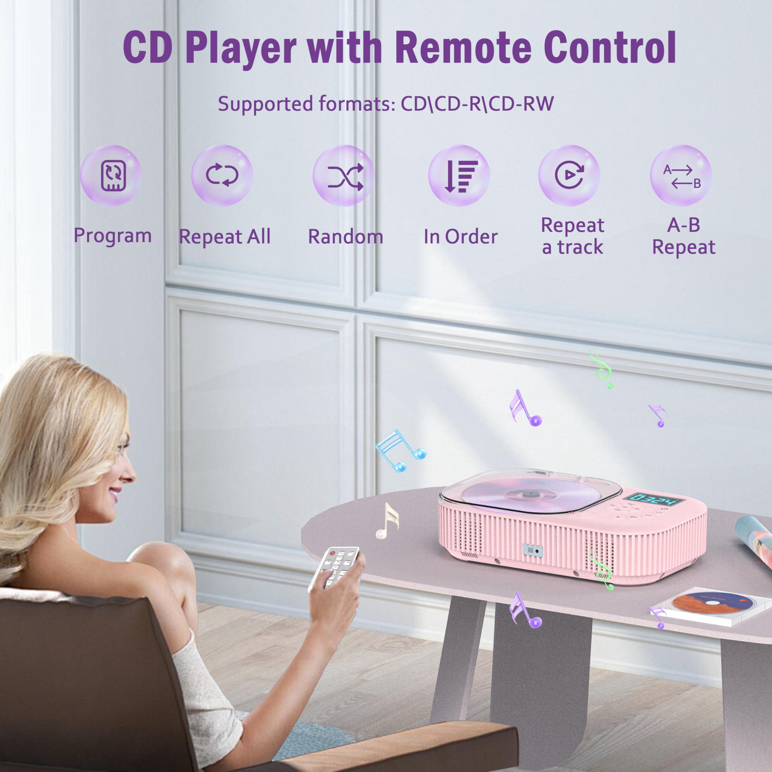 Pink Cd Player With Bluetooth 5.3 & Anti Skip, Portable Cd Player For Kids & Home, 2000Mah Rechargeable, Fm Radio/Usb/Aux, Sleep Timer & Gift Bundle � Hifi Sound & Remote Control