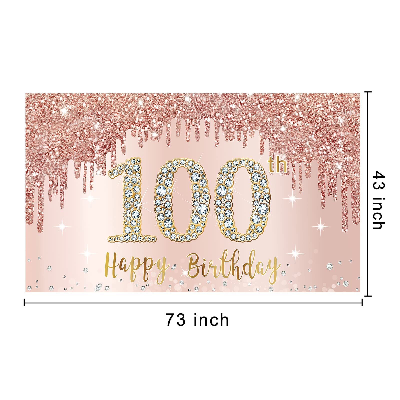 Happy 100Th Birthday Banner Backdrop Decorations For Women, Rose Gold 100 Birthday Party Sign Supplies, Pink 100 Year Old Birthd