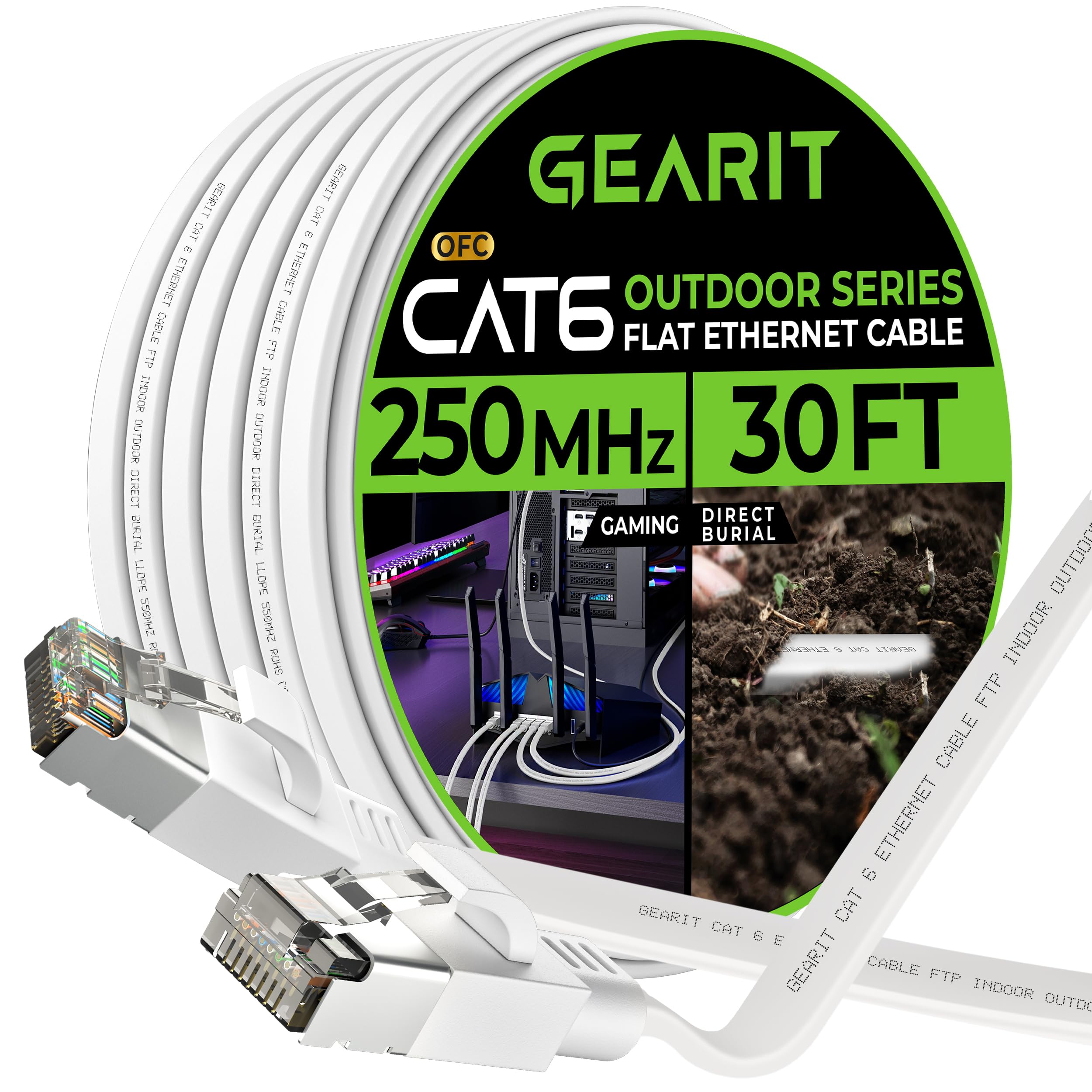 Gearit Cat 6 Outdoor Flat Ethernet Cable (30Ft, White) Direct Burial Rated Lldpe Jacket   Indoor Cat6 Shielded Ftp 10Gbps High S