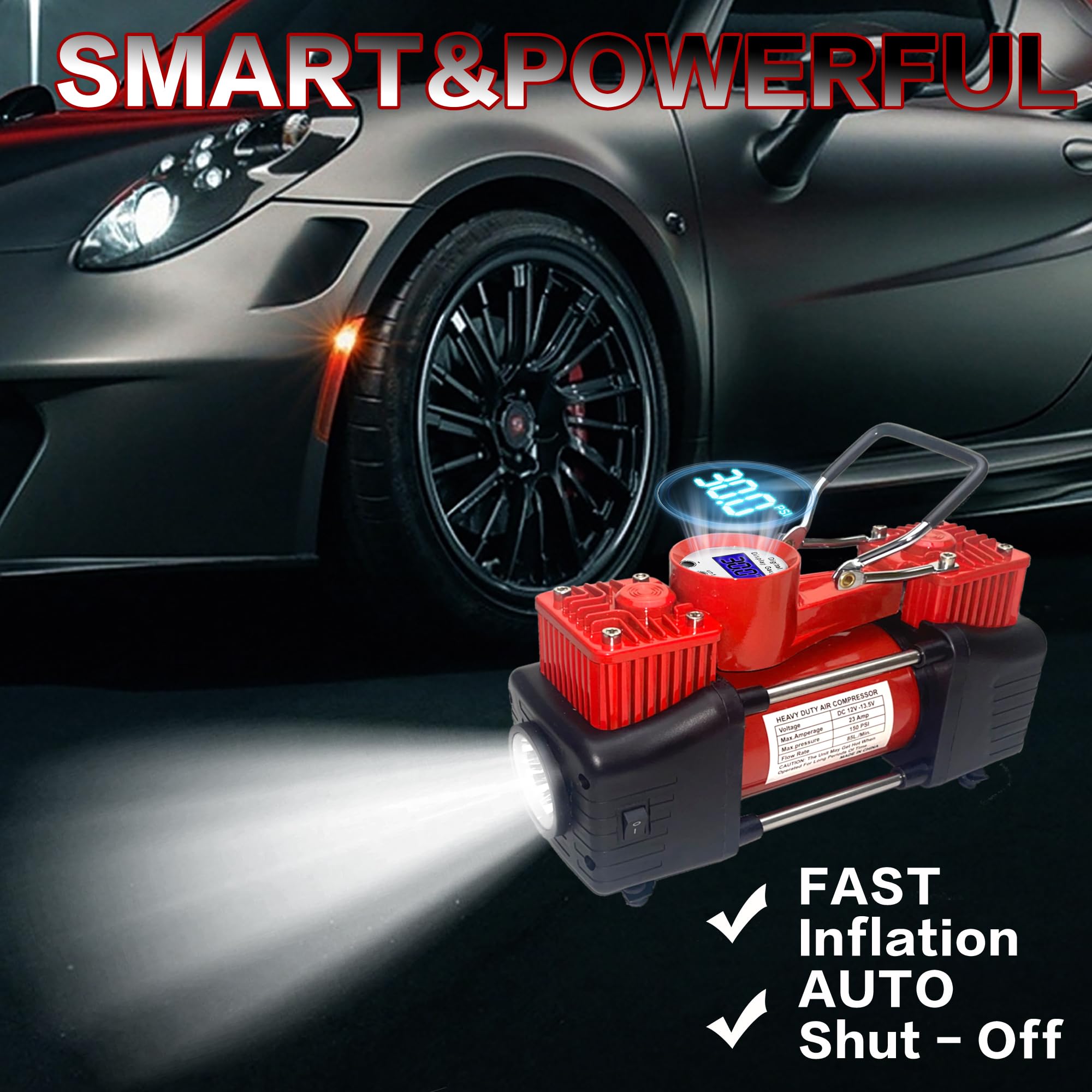 Yungtee Red Tire Inflator Heavy Duty Double Cylinders Direct Drive Inflation Pump,12V Portable Air Compressor Pump With Led Ligh