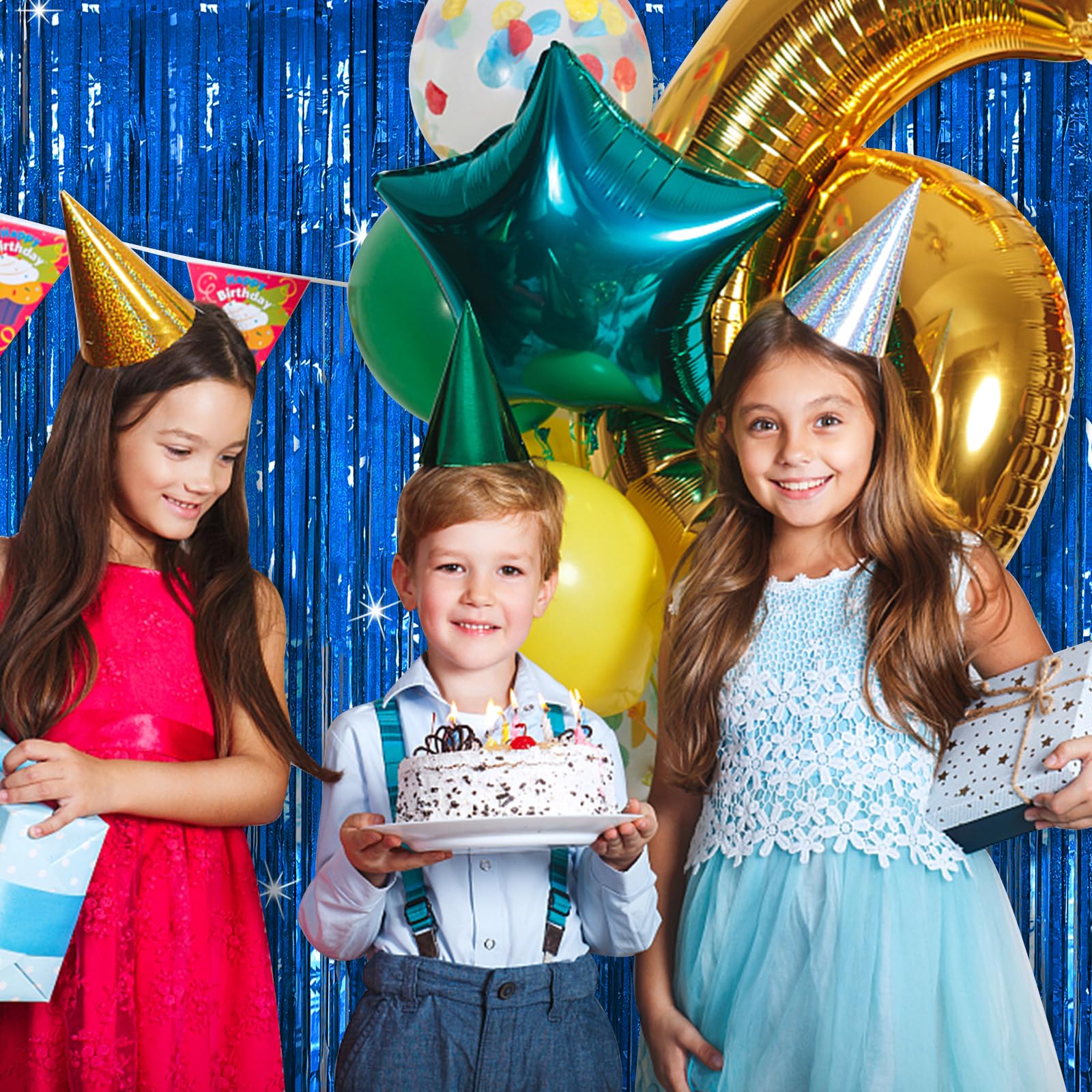 Tinsel Curtain Party Backdrop Blue Birthday Party Decorations 5 Packs Glitter Foil Fringe Curtain Party Decor Streamers Photo Bo