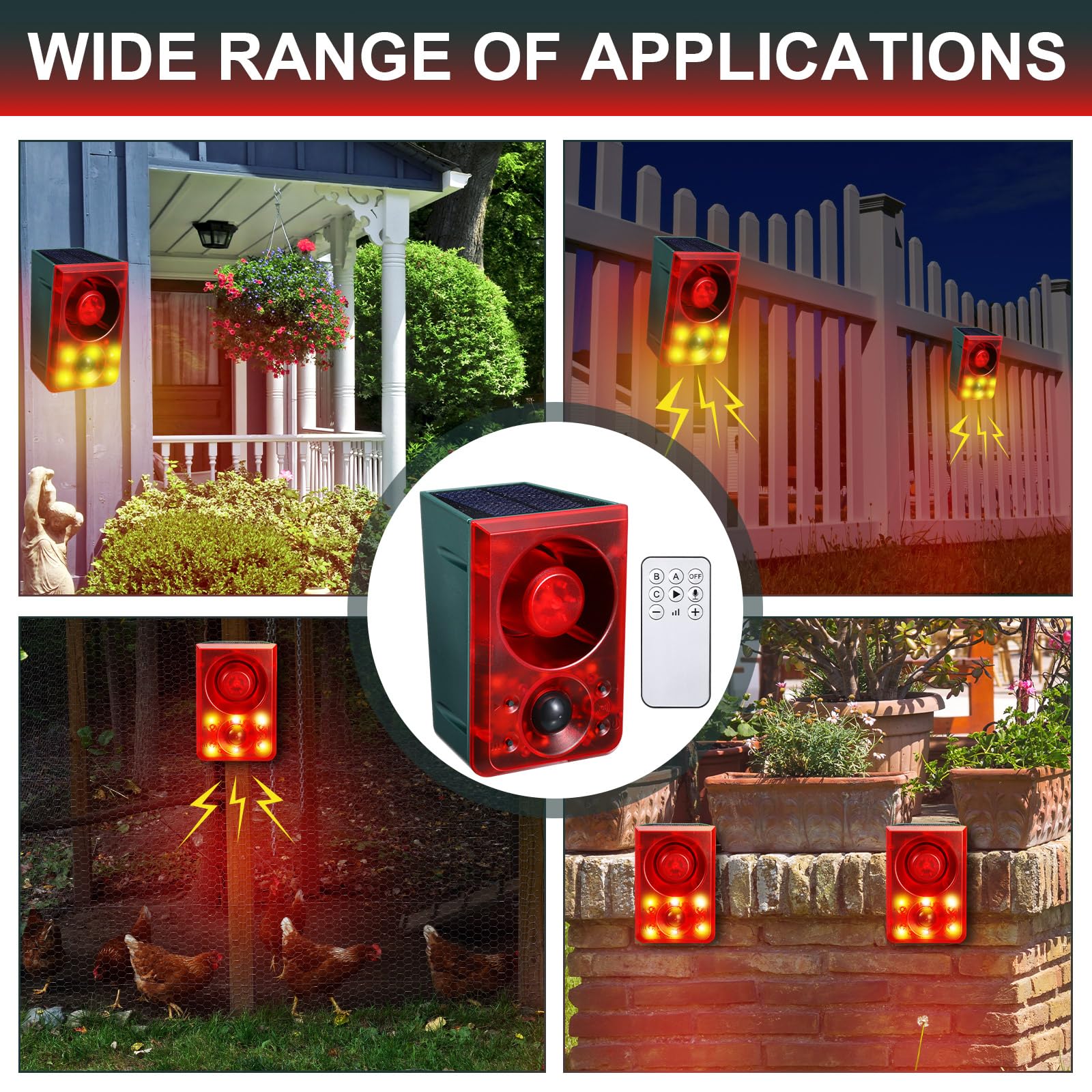 Qualirey 2 Pcs Solar Outdoor Motion Sensor Alarm Animal Deterrent Gunshot Sound Dog Barking 130Db Loud Noise Maker 3 Modes With