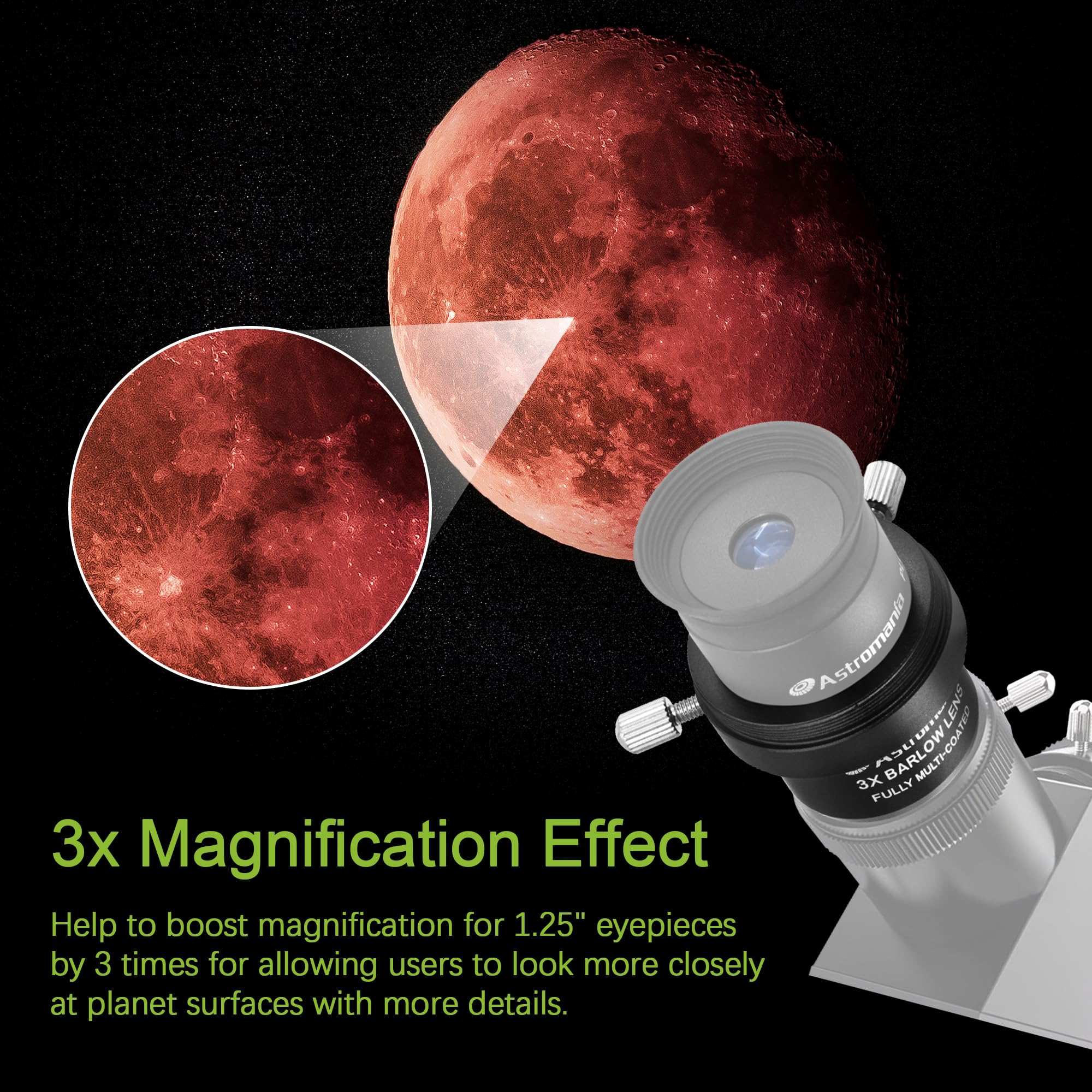 Astromania 3X Barlow Lens 1.25 Inch Fully Multi Coated Metal Short Focus Barlow Lens Internal Brass Ring & Two Fixing Thumbscrew