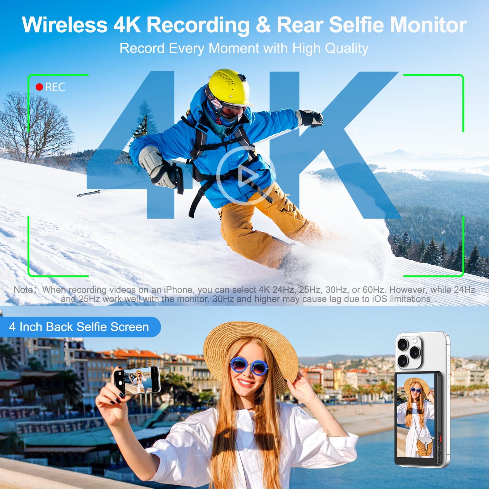 Xbonfire 4'' Magnetic Phone Vlog Selfie Monitor Screen, 4K Wireless Recording, Phone Selfie Monitor Screen Back Camera Monitor F