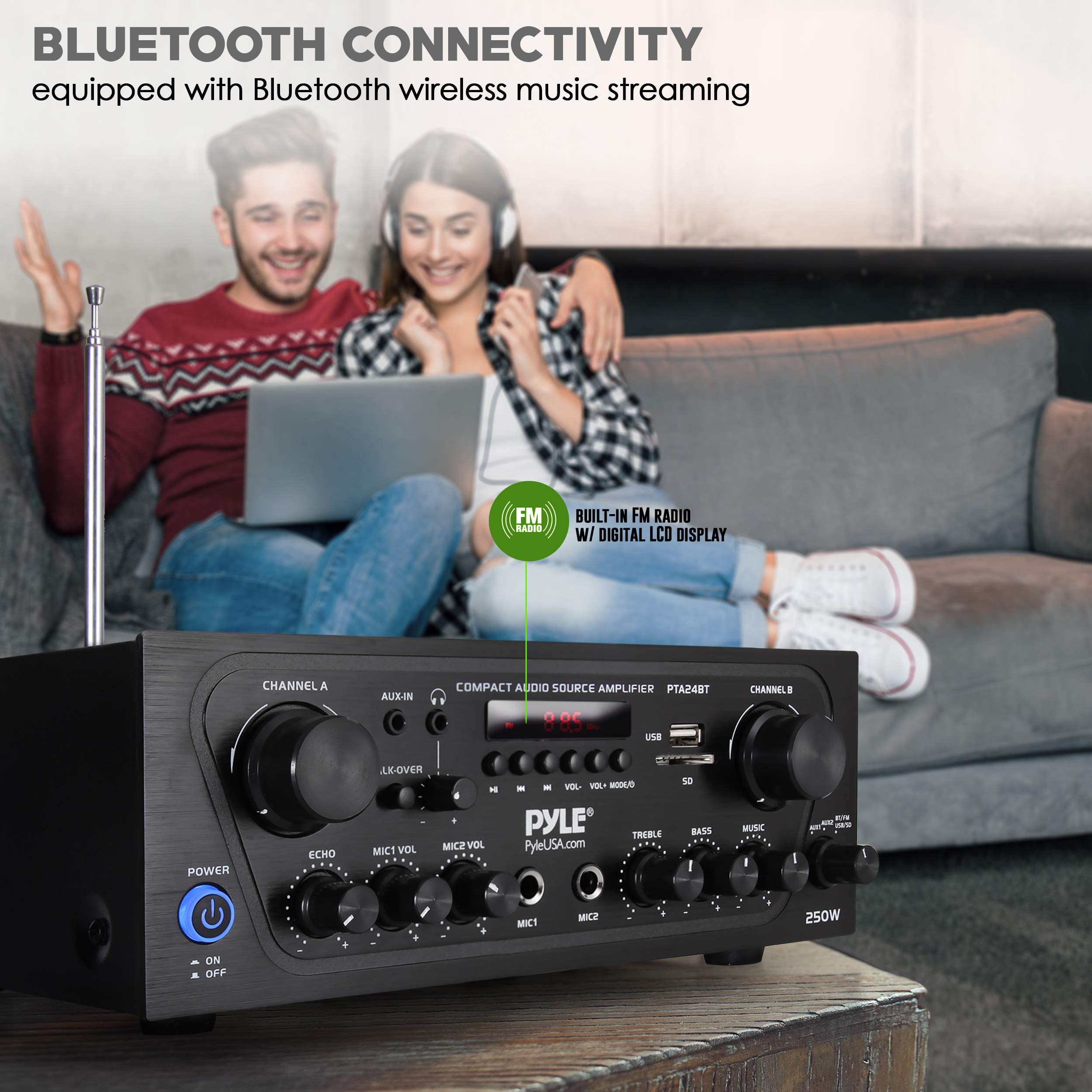 Pyle  Upgraded  2 Channel Karaoke Home Audio Amplifier W/Bluetooth For Streaming, Aux In, Usb, 2 Microphone Input W/Echo Effect,