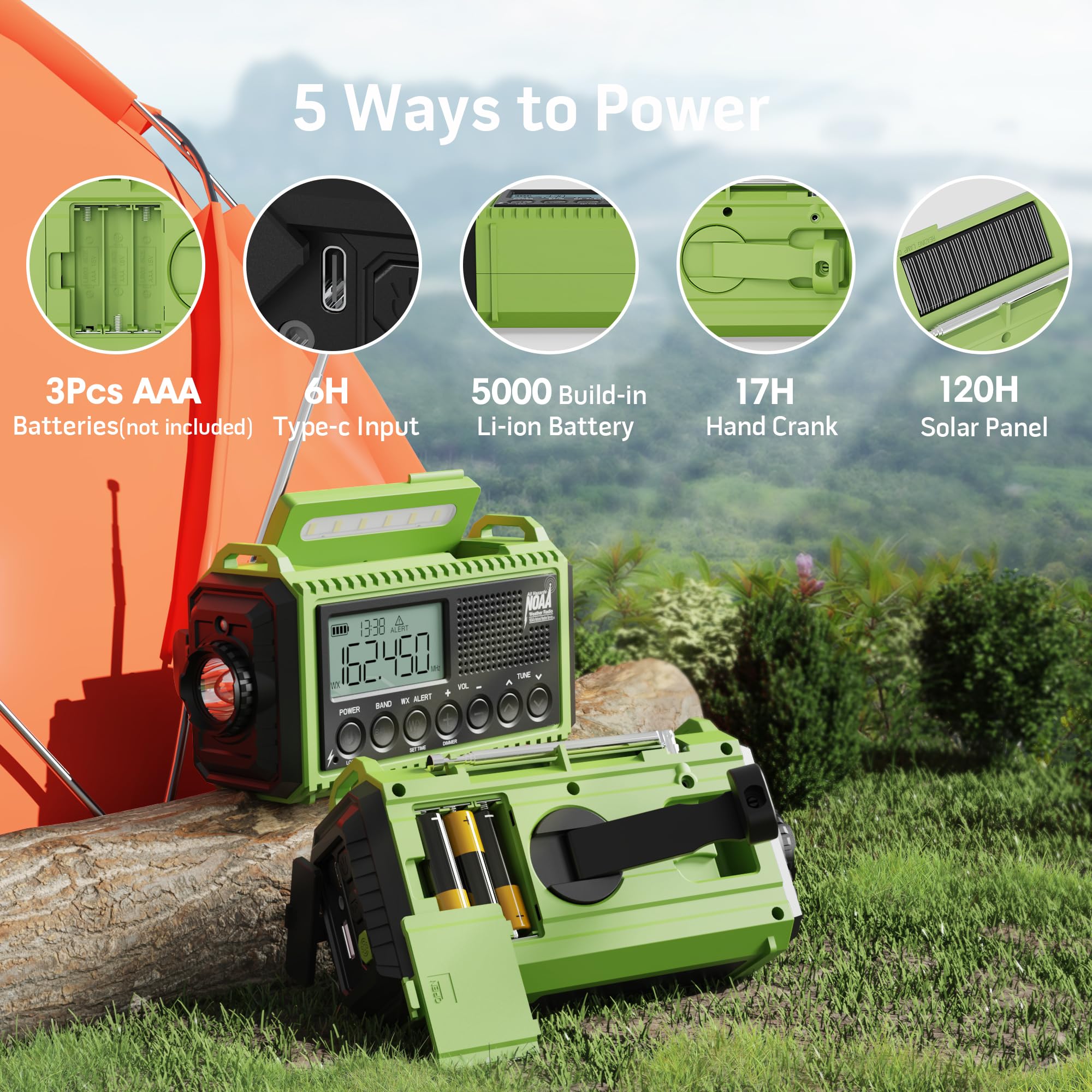 Emergency Radio,5000 Noaa Weather Radio With Am/Fm/Noaa/Sw,Sos Battery Operated Radio,5 Way Powered Emergency Hand Crank Radio W