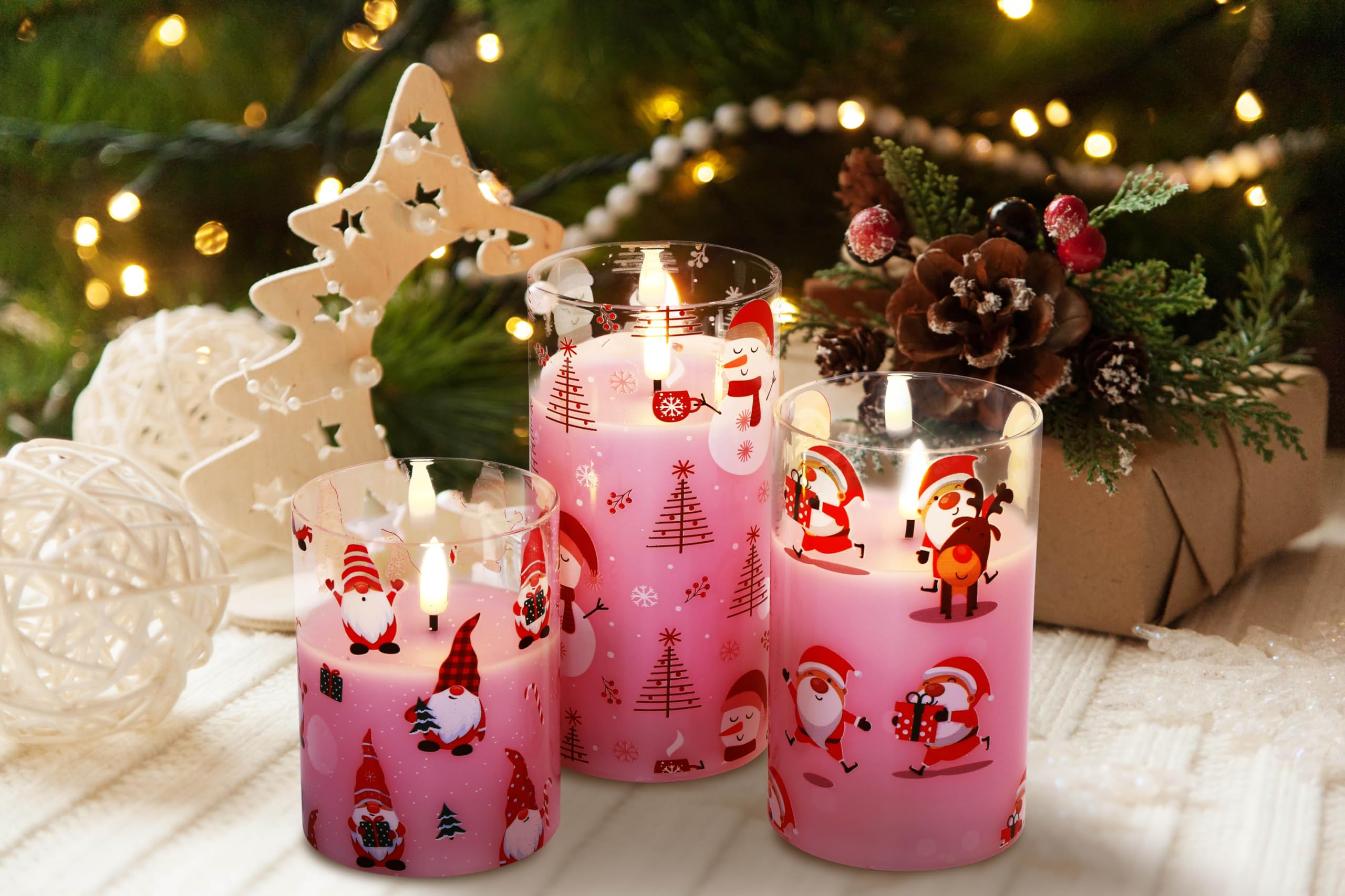 Eywamage Pink Christmas Glass Flameless Candles With Remote, Flickering Snowman Santa Gnomes Led Pillar Candles Set Of 3
