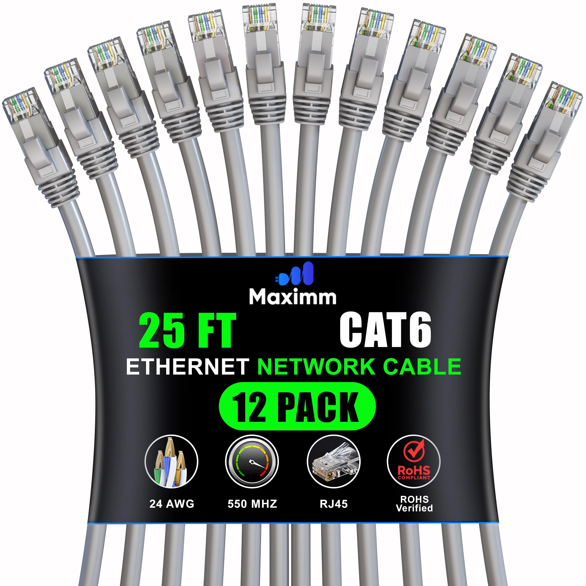Maximm Cat 6 Ethernet Cable 25 ft (12Pack)  HighSpeed LAN Cable, Internet Cable, Patch Cable, and Network Cable  UTP, 10Gbps