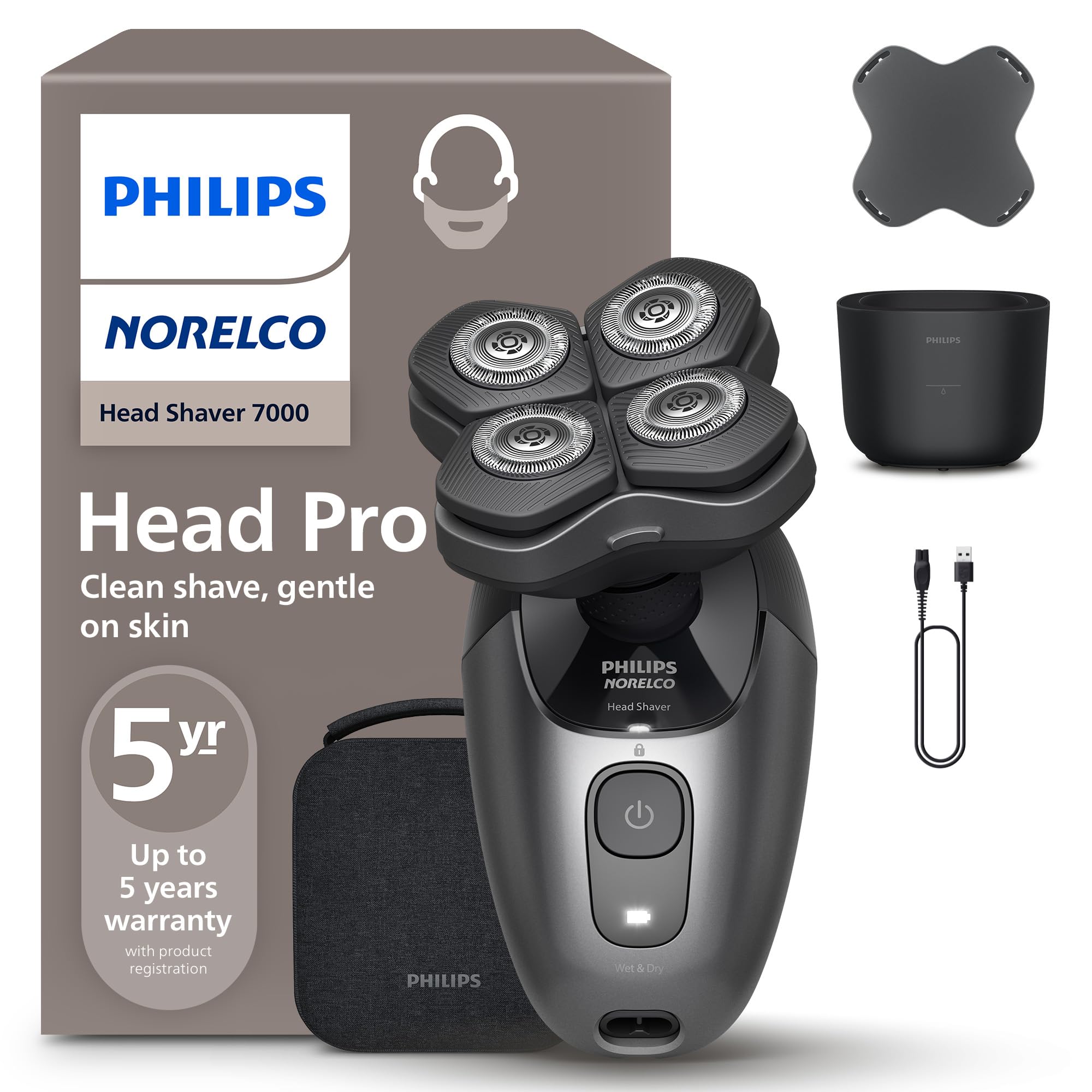 Philips Norelco Head Shaver Pro 7000 Series - Skull Shaver for Men and Women, 360 Flexing Head & ComfortCut Blades for Clean Sha
