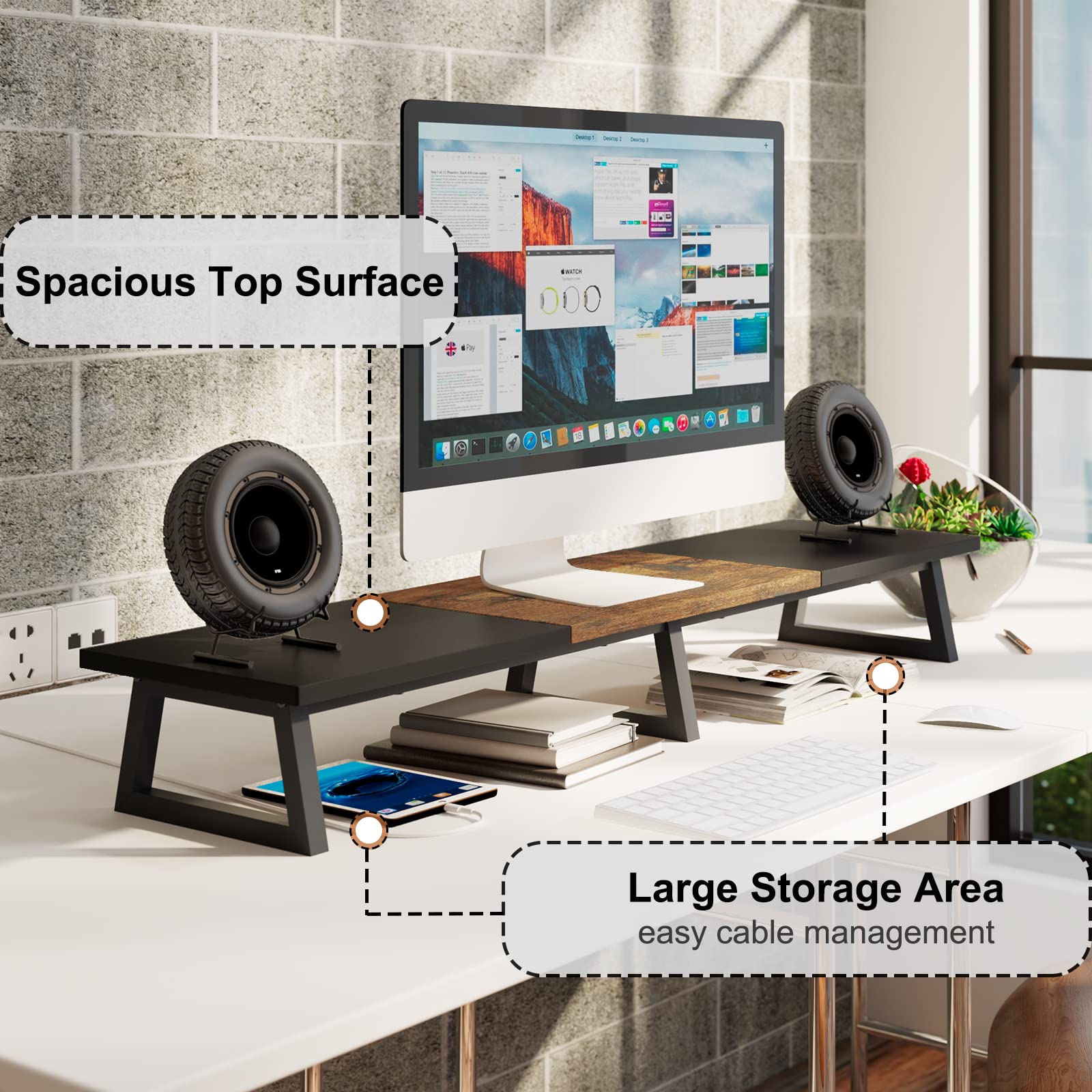 TEAMIX Dual Monitor Riser Stand, 42 Inch Wood & Steel Desktop Organizer, Black+Brown, Model DS100BE