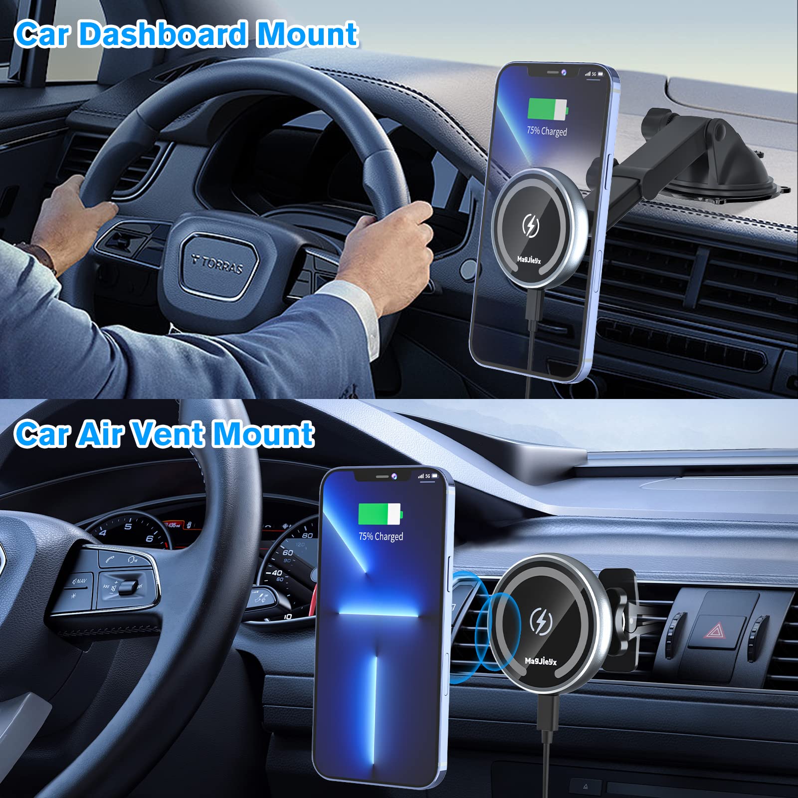 Magnetic Wireless Car Charger Fast Charging For Magsafe Car Mount Iphone15,14, 13, 12, Pro, Pro Max, Mini,3 In 1 Vent/Dashboard/