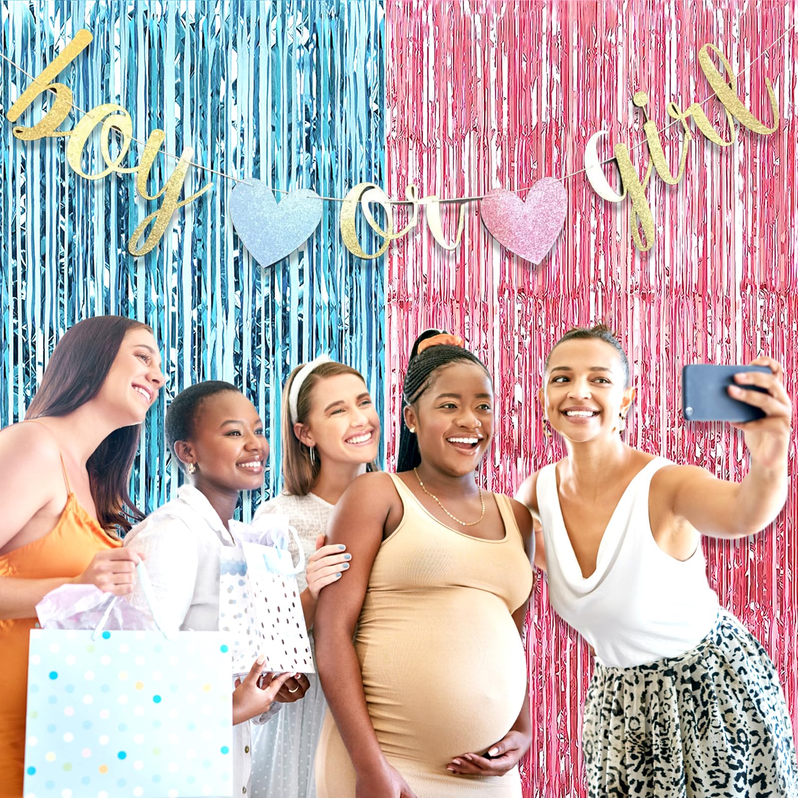 6 Pack Pink Blue Foil Fringe Curtain Backdrop, 3.28Ft X 6.6Ft Metallic Tinsel Foil Fringe Streamer Curtains For Photo Booth, Chr