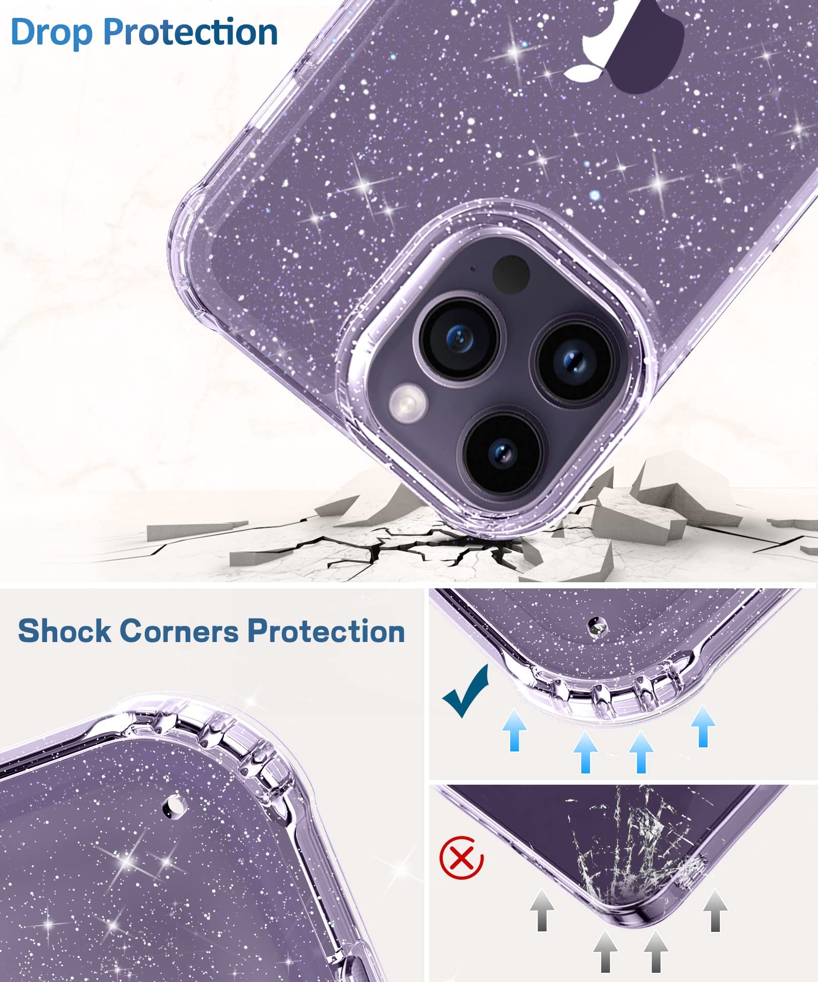 Miodik For Iphone 14 Pro Case With Screen Protector + Camera Lens Protector, [Non Yellowing] Clear Glitter Phone Case, Shockproo