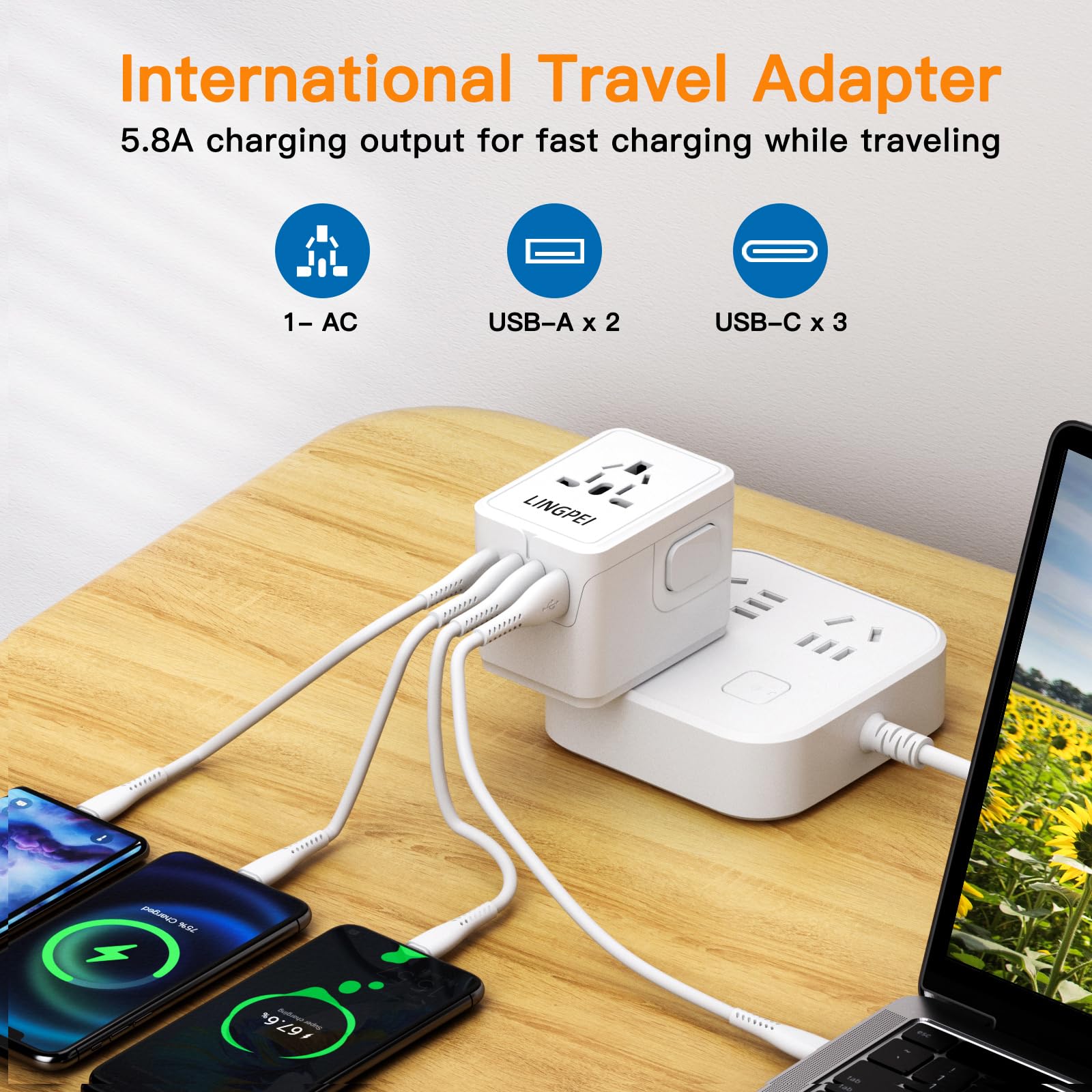 Universal Travel Adapter, Travel Charger 5.8A Smart Power Plug Adapter With 3 Usb Type C And 2 Usb A Power Adapters, For Usa, Eu