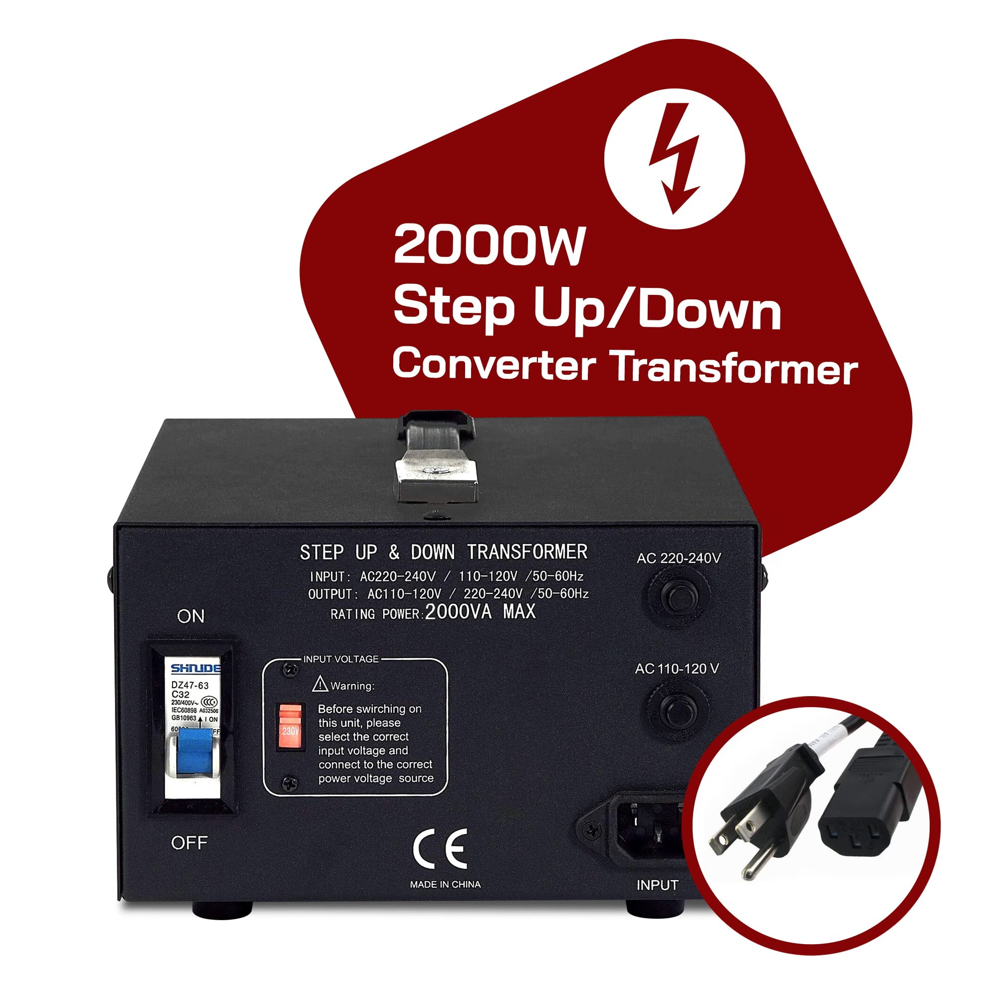 Litefuze Lt Series 2000 Watt Voltage Converter Transformer Step Up/Down   110V To 220V / 220V To 110V Power Converter   Fully Grounded Cord   Universal Socket, Ce Certified