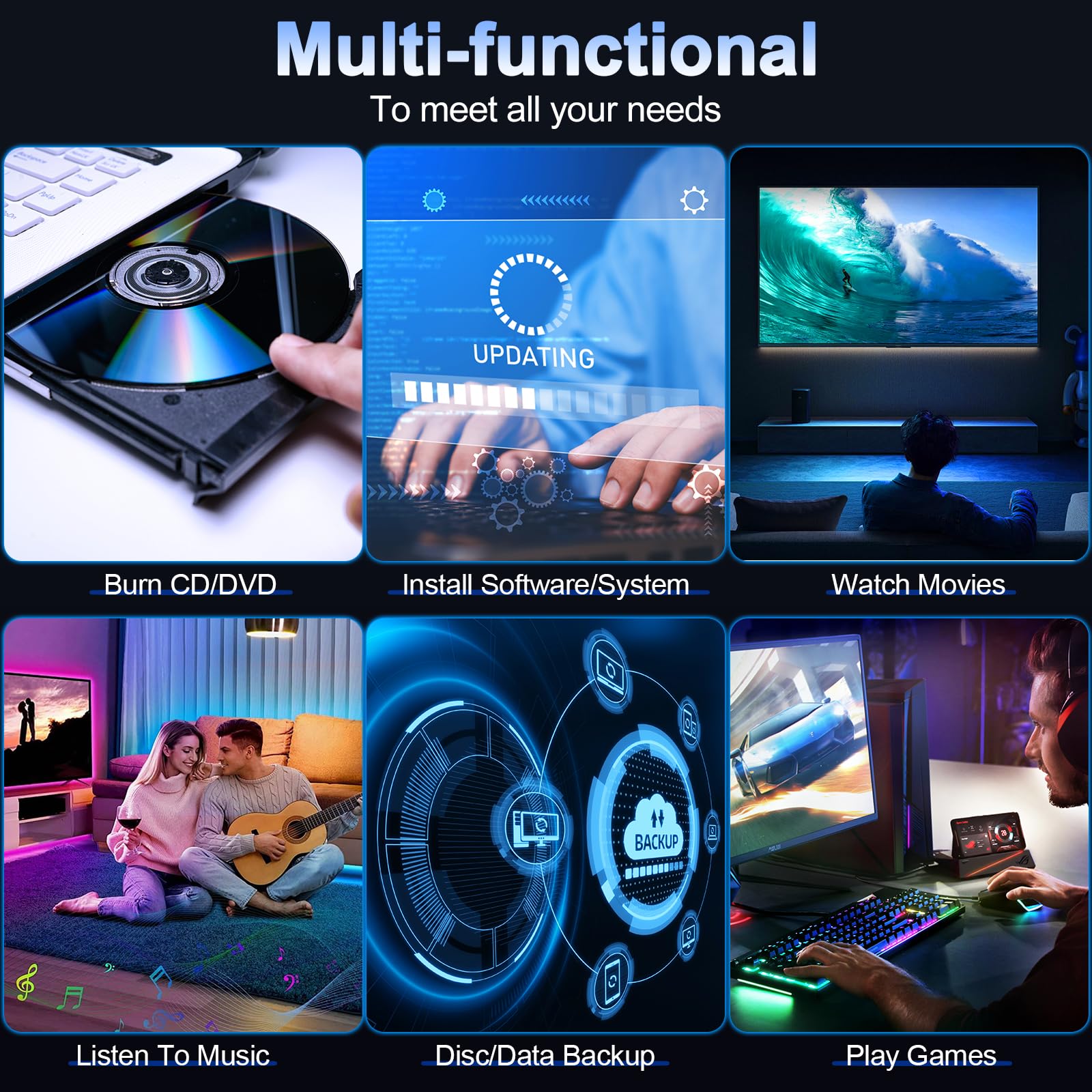 Beizkna External Cd Dvd Drive For Laptop Usb 3.0 & Usb C Portable Dvd Player For Cd Rom +/ Rw Burner Reader Writer Optical Disc