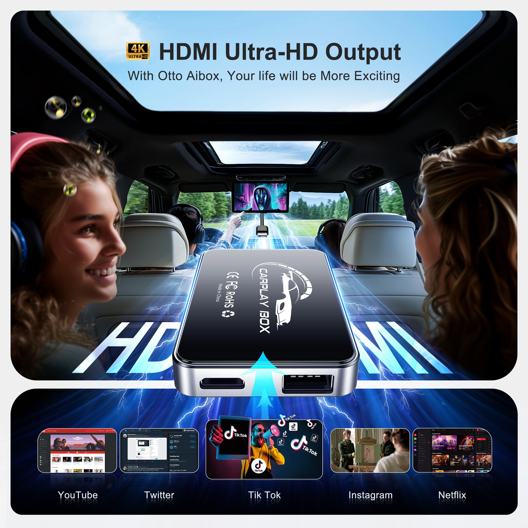 Ai Box Wireless Carplay & Auto Adapter - Plug & Play, Dual-Band Wifi, Bluetooth 5.0, 4K Video Support, Android 12.0 System, Comp