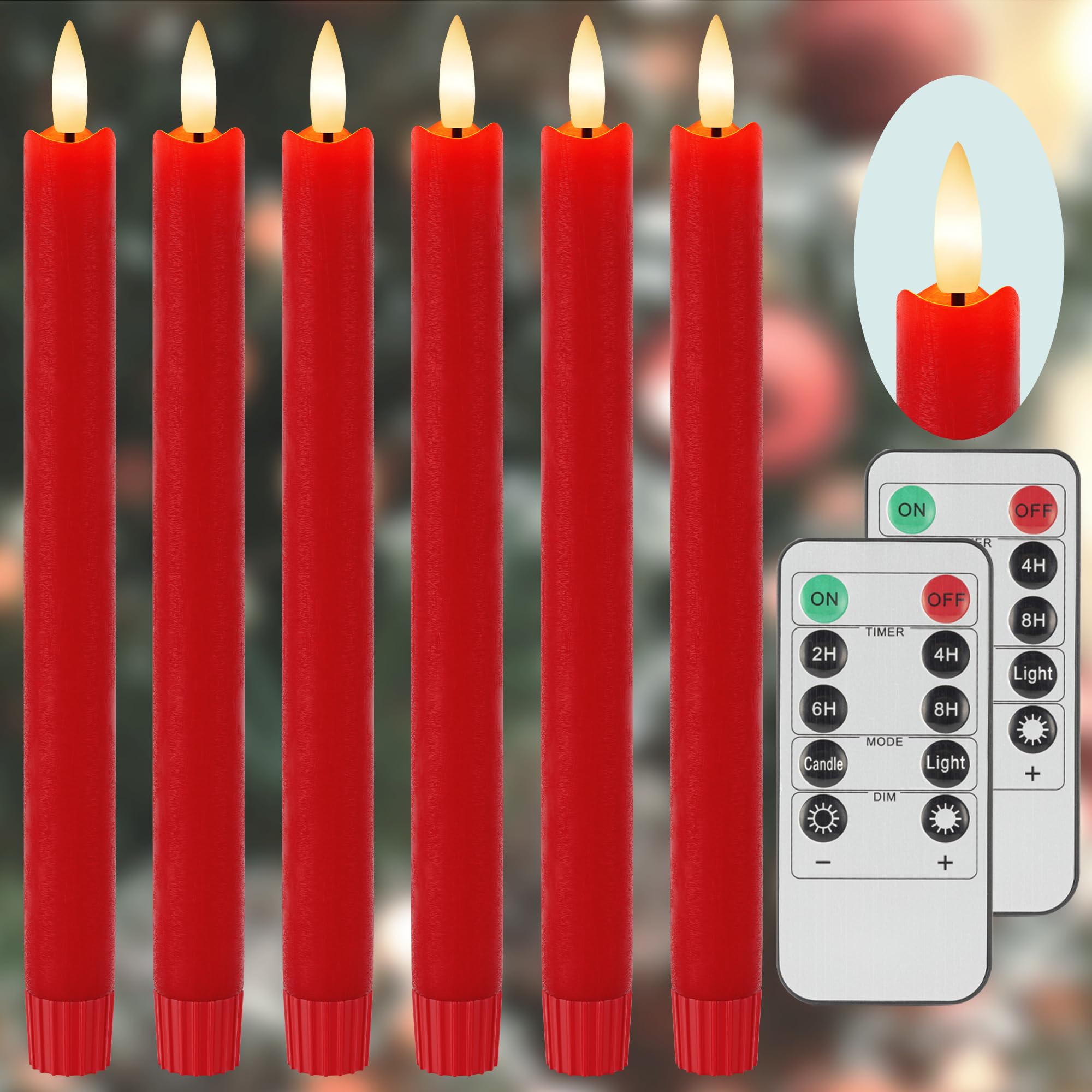Red Flameless Taper Candles 9.6'' Christmas Led Candles Real Wax With Remote Timer, Battery Operated Led Candles Set With 3D Fli