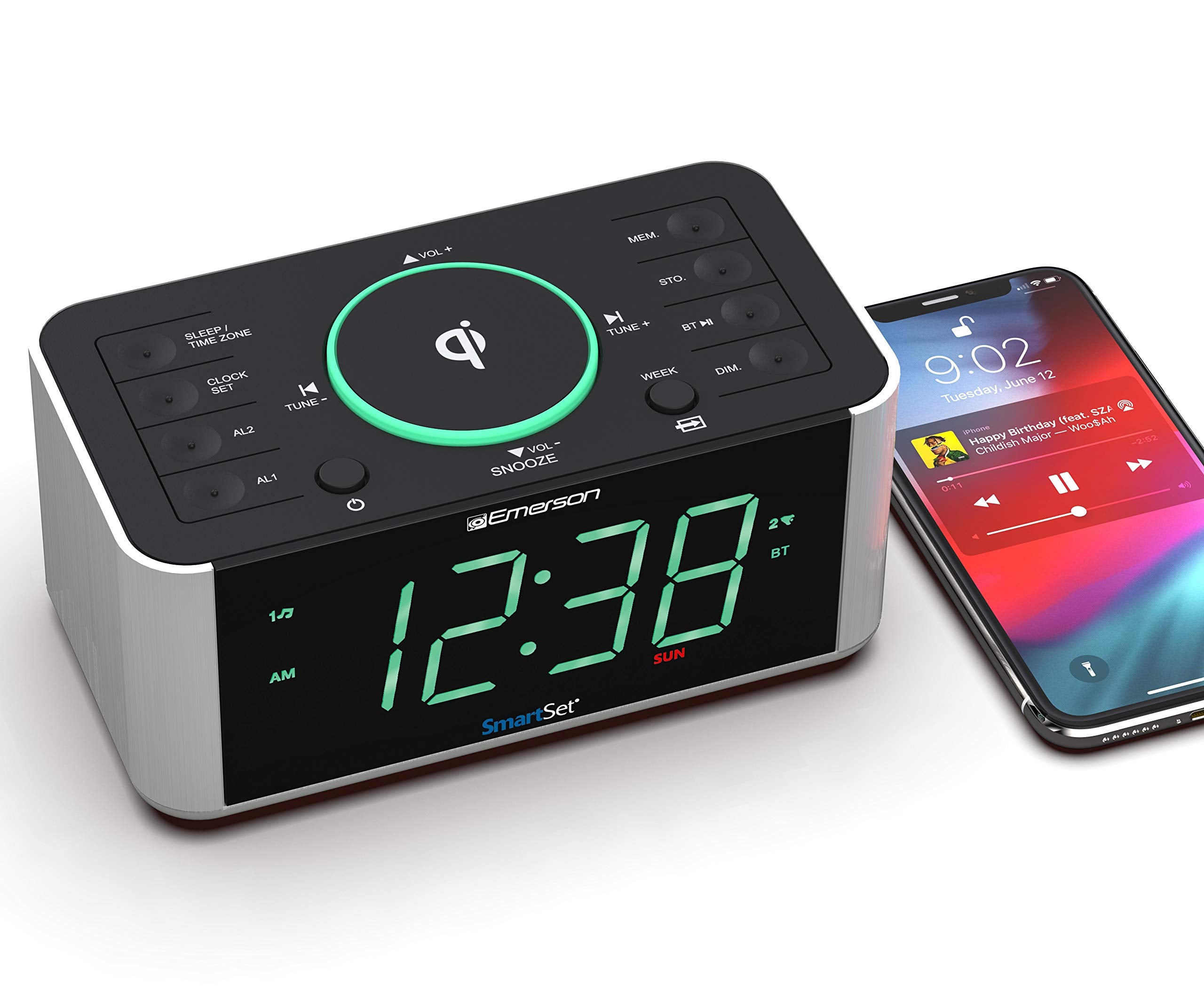 Emerson Smartset Dual Alarm Clock Radio And Qi Wireless Phone Charger With Bluetooth, All Qi Compatible Phones, Er100202