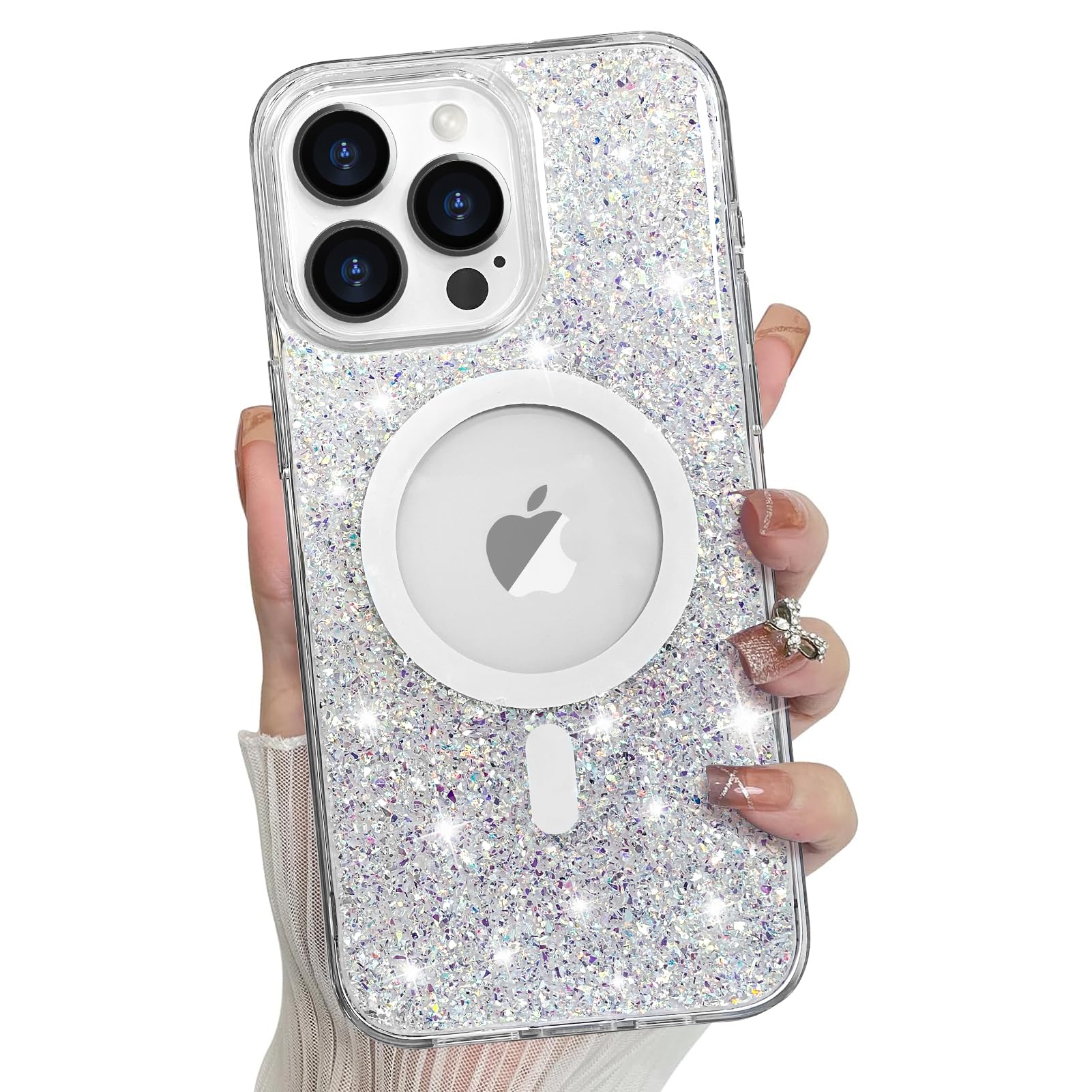 Bonoma For Iphone 16 Pro Max Case, Sparkly Glitter Bling Back, Magnetic Support For Magsafe Shockproof Case, Crystal And Clear H
